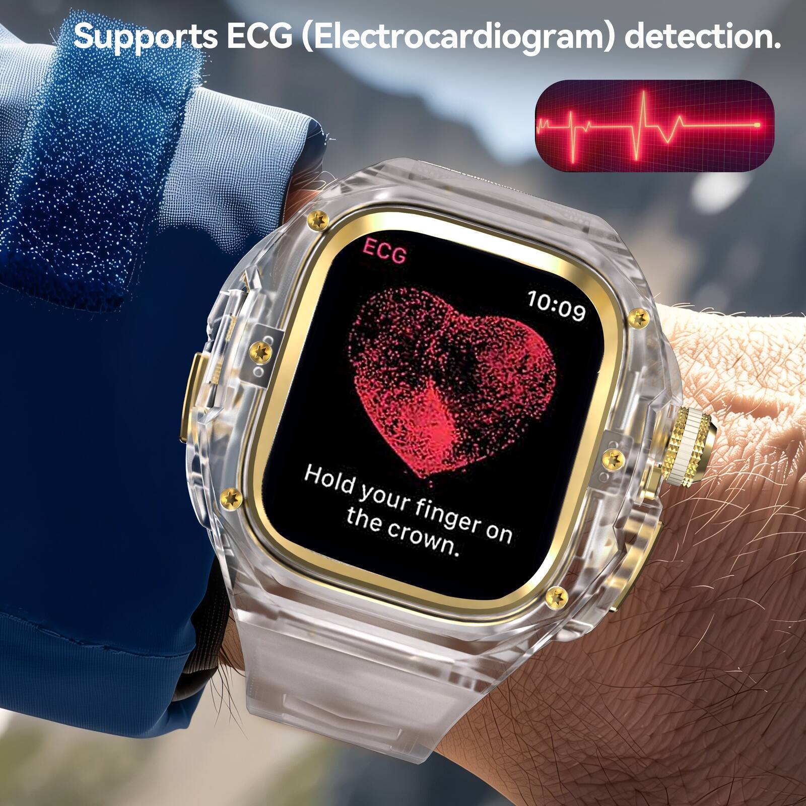 Supports ECG (Electrocardiogram) detection. ECG 10:09 Hold your finger on the crown.