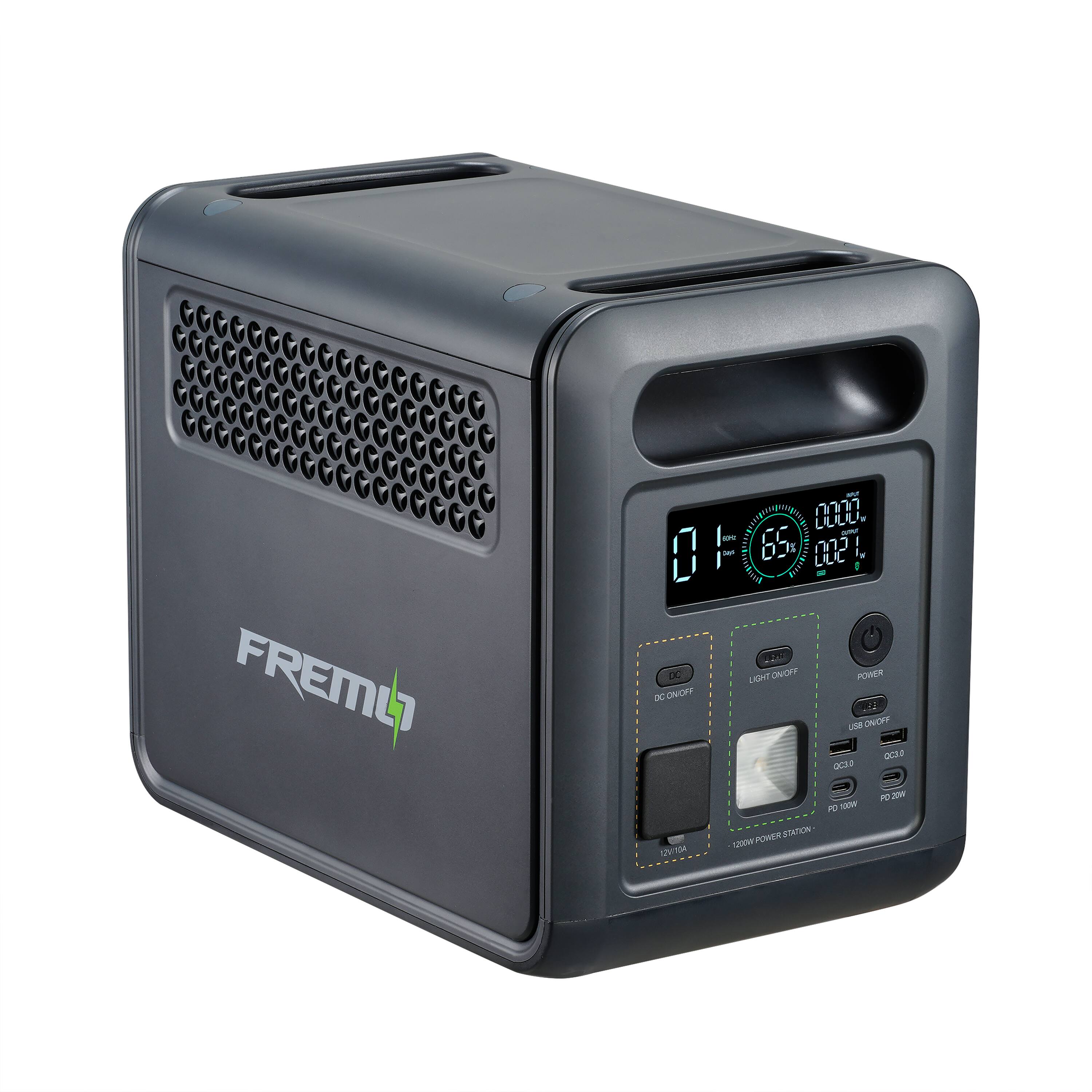 FREML4  
1200W POWER STATION  
DC ON/OFF  
USB ON/OFF  
LIGHT ON/OFF  
POWER  
OC3.0  
QC3.0  
PD 100W  
PD 20W