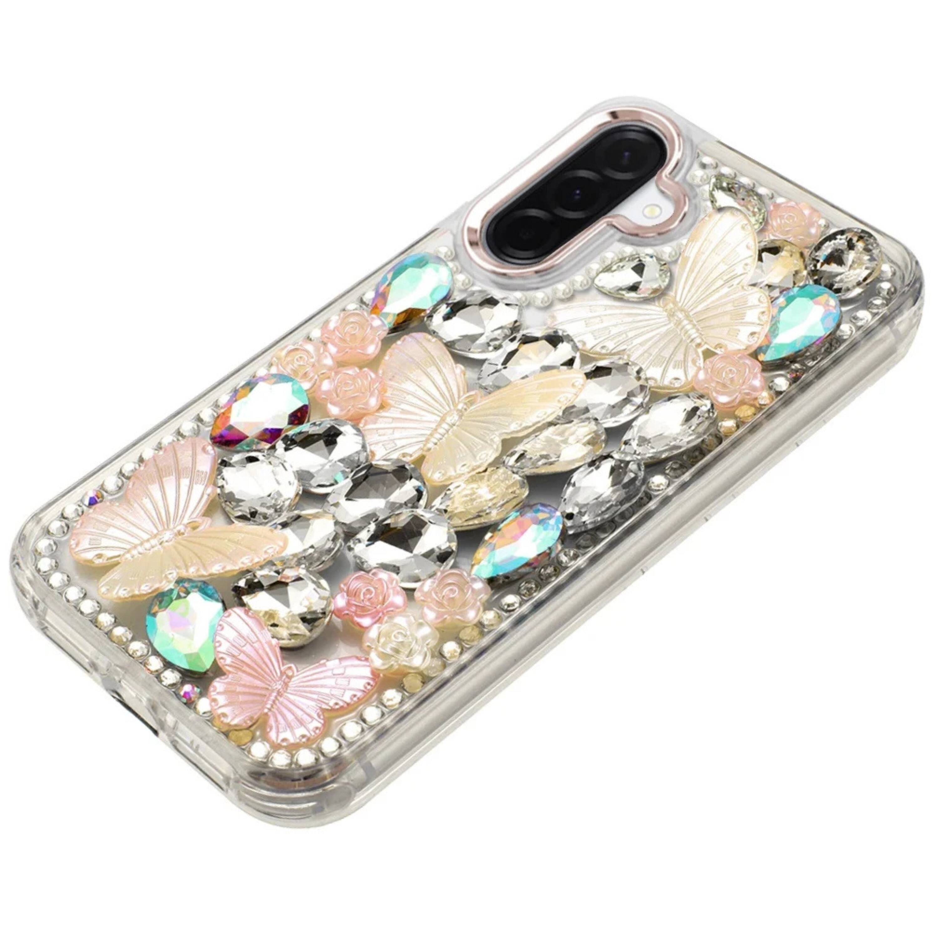 Angle. Kitcheniva - Bling Diamond Large Butterfly Phone Case With Tempered Glass For Samsung A37 5G Rose Gold - Rose Gold.