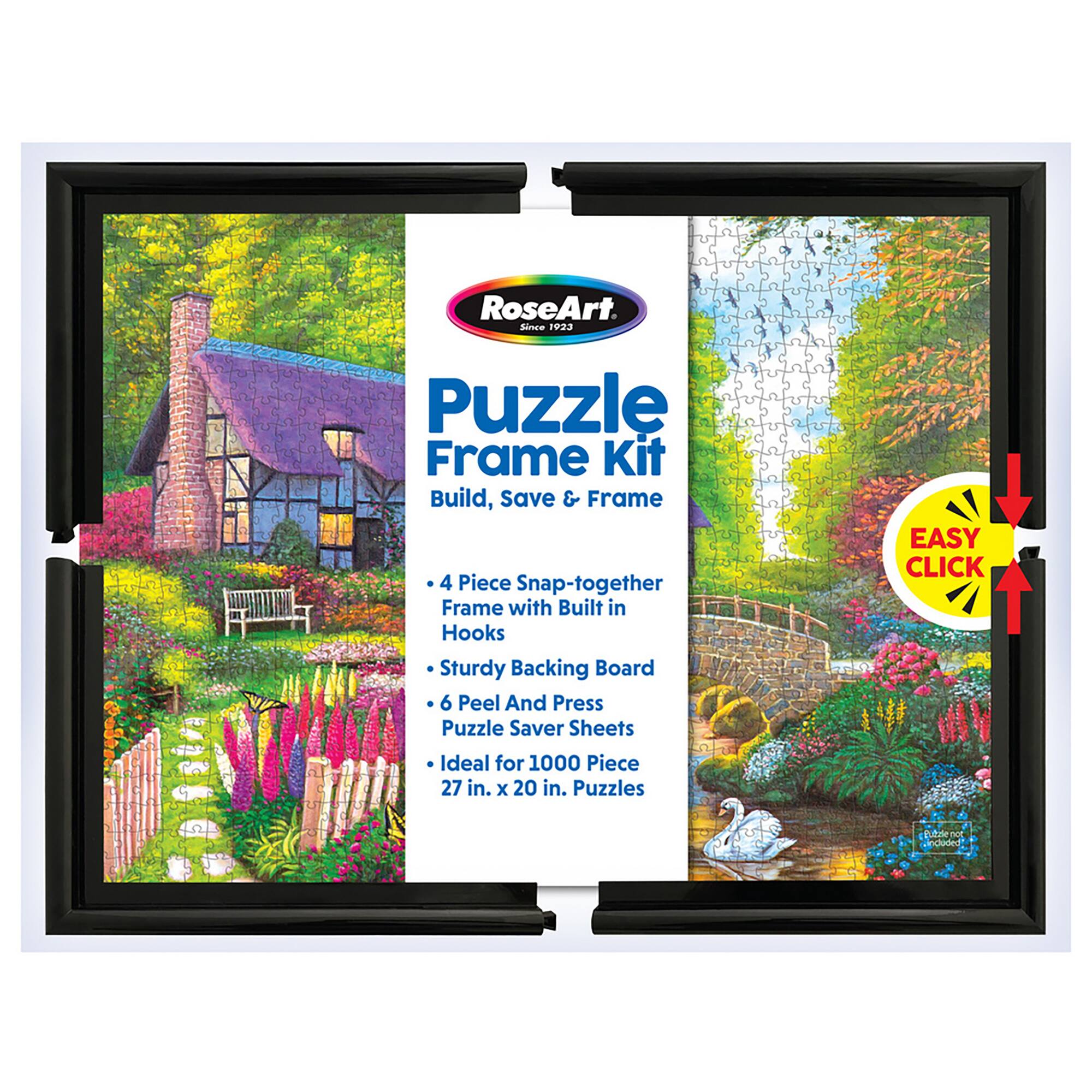 RoseArt Puzzle Frame Kit: Build, Save & Frame 4 Piece Snap-together Frame with Built in Hooks, Sturdy Backing Board, 6 Peel And Press Puzzle Saver Sheets, EASY CLICK, Ideal for 1000 Piece 27 in. x 20 in. Puzzles.