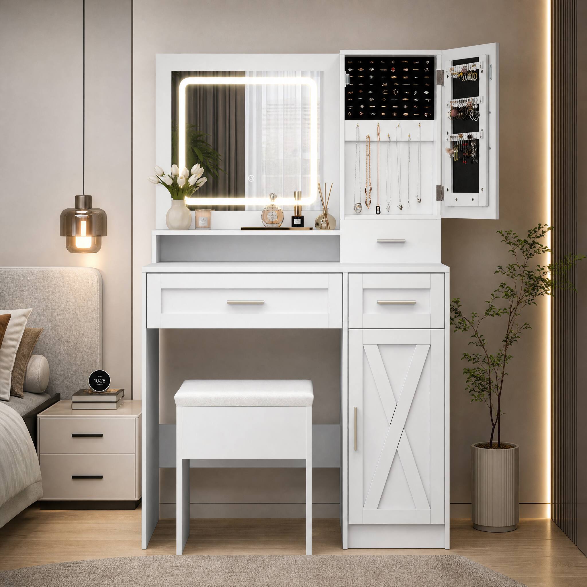 Angle. WELLFOR - Modern Vanity Set with LED Light Mirror & Charging Station, Makeup Vanity Desk with Storage Stool,Jewelry Cabinet - White.