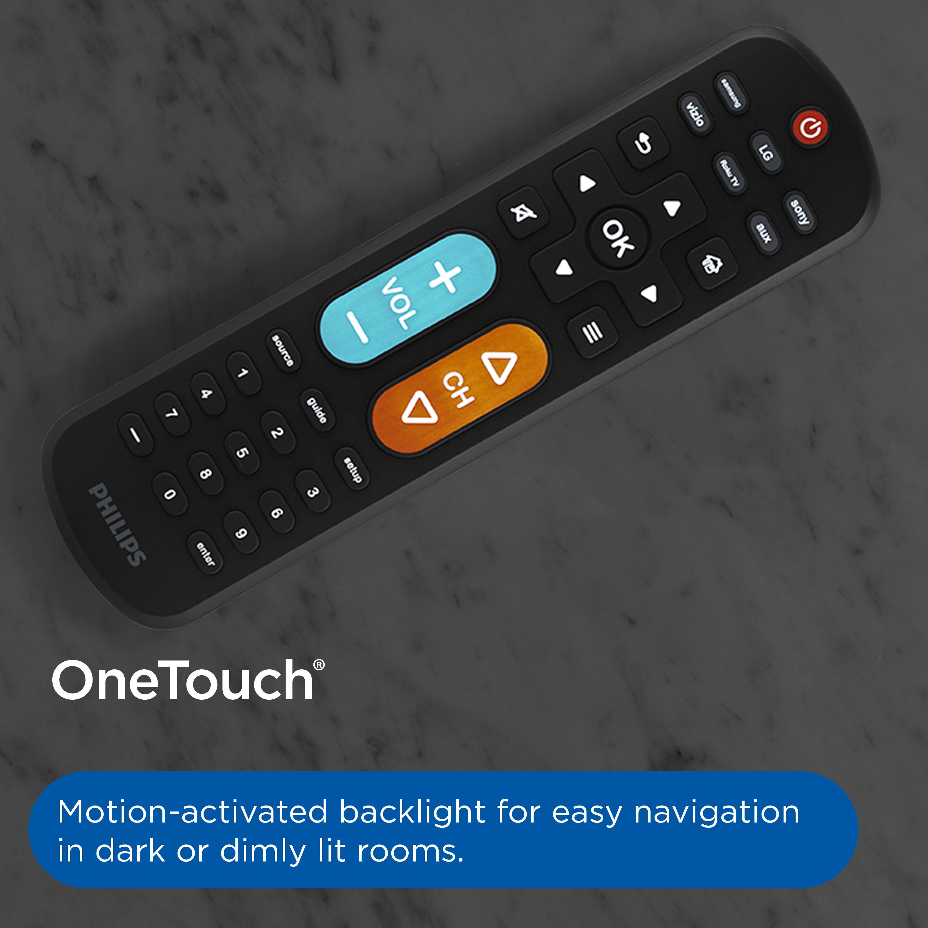 Sure, here is the corrected and grouped text:

---

**PHILIPS**

**OneTouch®**

Motion-activated backlight for easy navigation in dark or dimly lit rooms.

---

**VOL**  
**CH**  
**OK**  
**SOURCE**  
**GUIDE**  
**SETUP**  
**1 2 3 4 5 6 7 8 9 0**  
**+ -**  
**TV**  
**LG**  
**SONY**  
**VIZIO**  
**ROIR**  
**AUX**  
**OneTouch®**  
**Motion-activated backlight for easy navigation in dark or dimly lit rooms.**