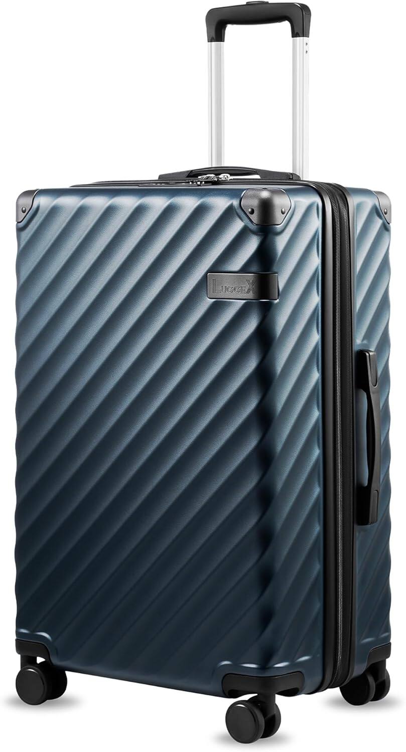 Front. LUGGEX - LUGGEX 24 Inch Medium Checked Luggage, Hardside Suitcase with Spinner Wheels & Reinforced Corner Protectors - KVC - Navy.