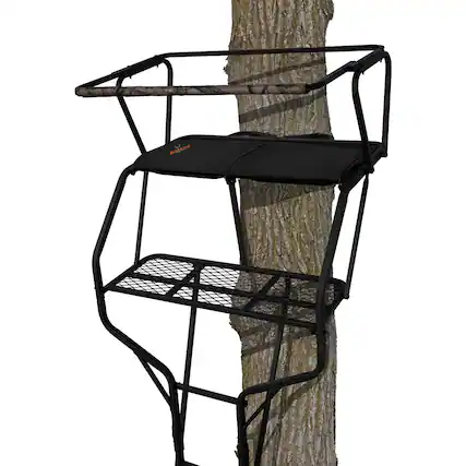 Front. Big Game Treestands - Big Game Guardian XLT 18 Foot 2 Person Deer Hunting Ladder Climbing Tree Stand - Camo/Black.