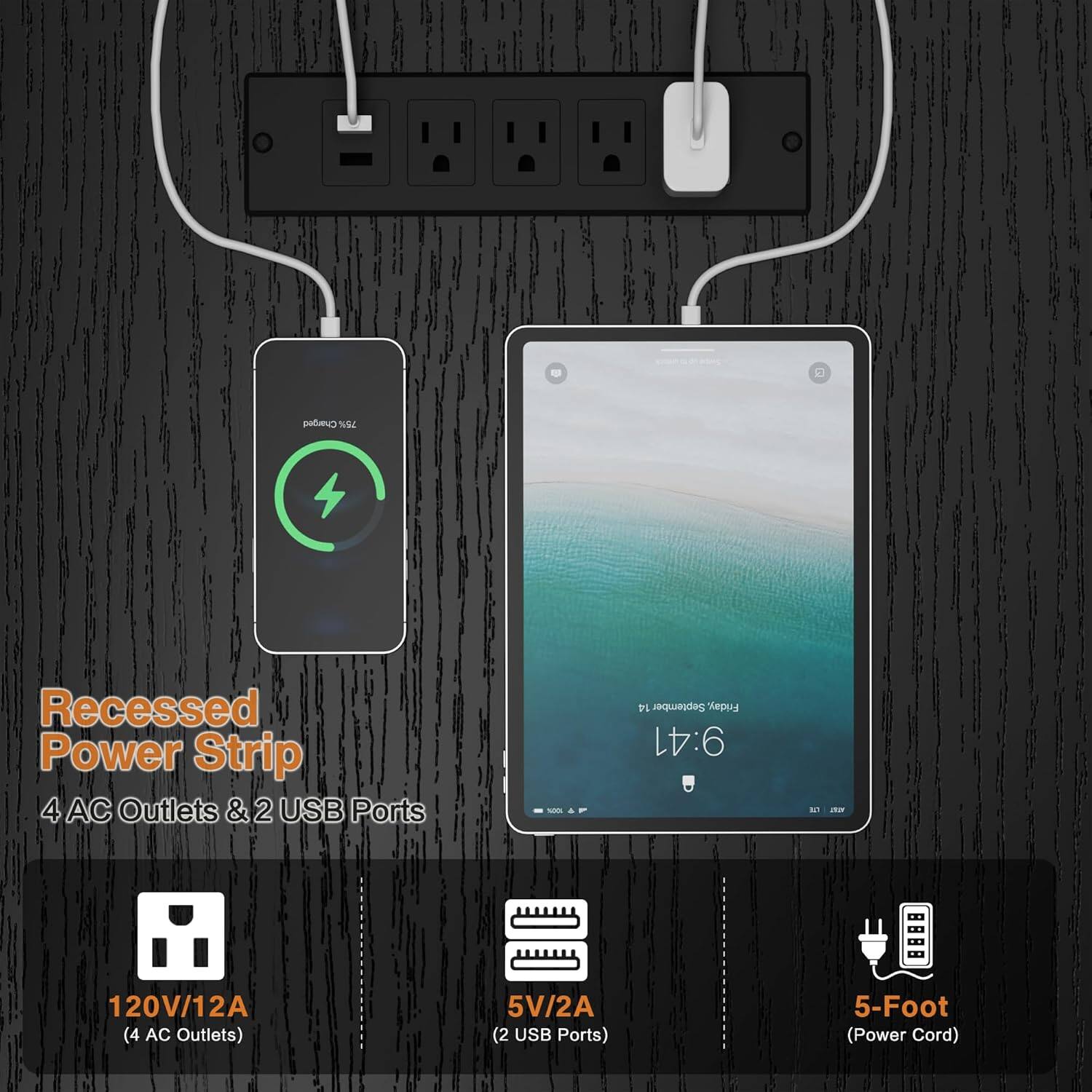 S Delinua NE Recessed Power Strip  
4 AC Outlets & 2 USB Ports  
- 120V/12A (4 AC Outlets)  
- 5V/2A (2 USB Ports)  
- 5-Foot Power Cord