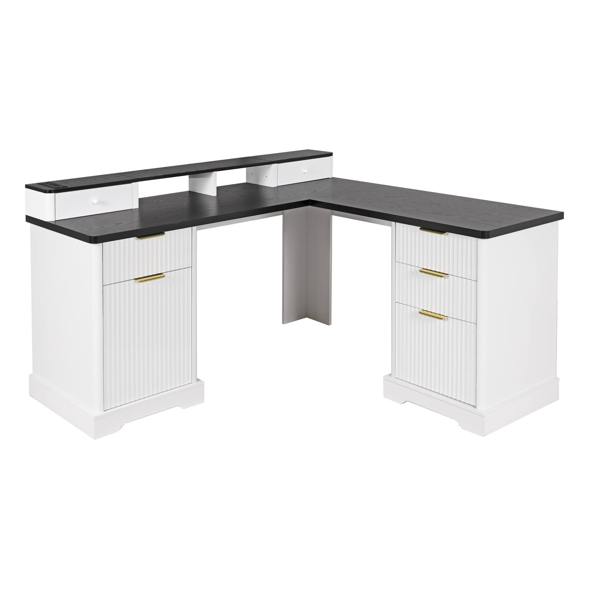 Alt View 3. Boyel Living - 59 Inch Fluted L Shaped Desk with Charging Station and Storage Cabinet White - Dark Walnut.