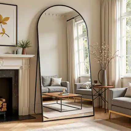 Front. Earthley Blooms - Full Length Mirror 64"x21" Arched Body Floor Mirrors With Stand Standing Hanging Leaning Against Wall Alu... - Black-64"L x 21"W.