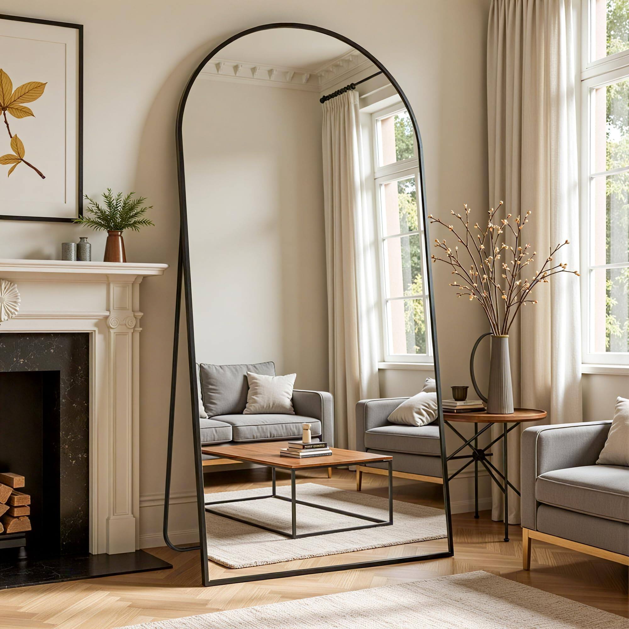 Earthley Blooms - Full Length Mirror 64"x21" Arched Body Floor Mirrors With Stand Standing Hanging Leaning Against Wall Alu - Black-64"L x 21"W