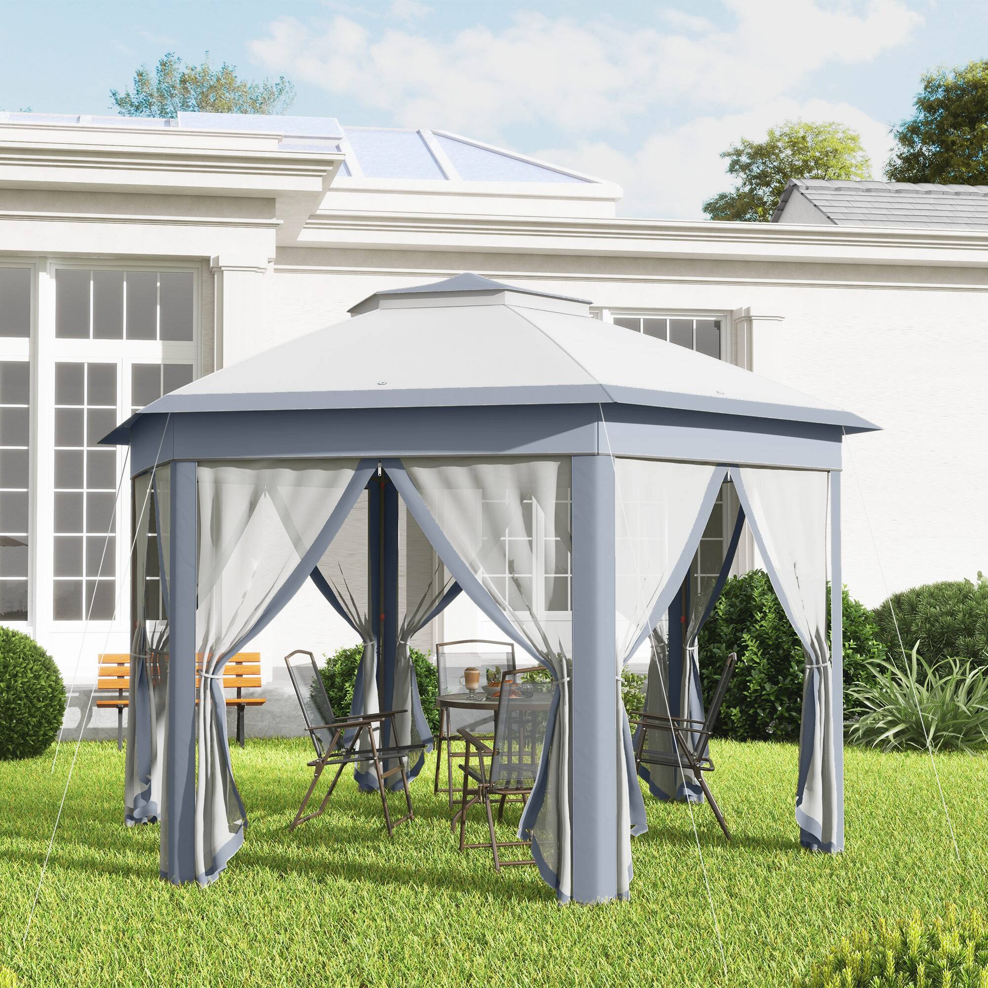 Angle. Outsunny - Outsunny 13' x 13' Pop Up Gazebo, Hexagonal Canopy Shelter with 6 Zippered Mesh Netting - Gray.