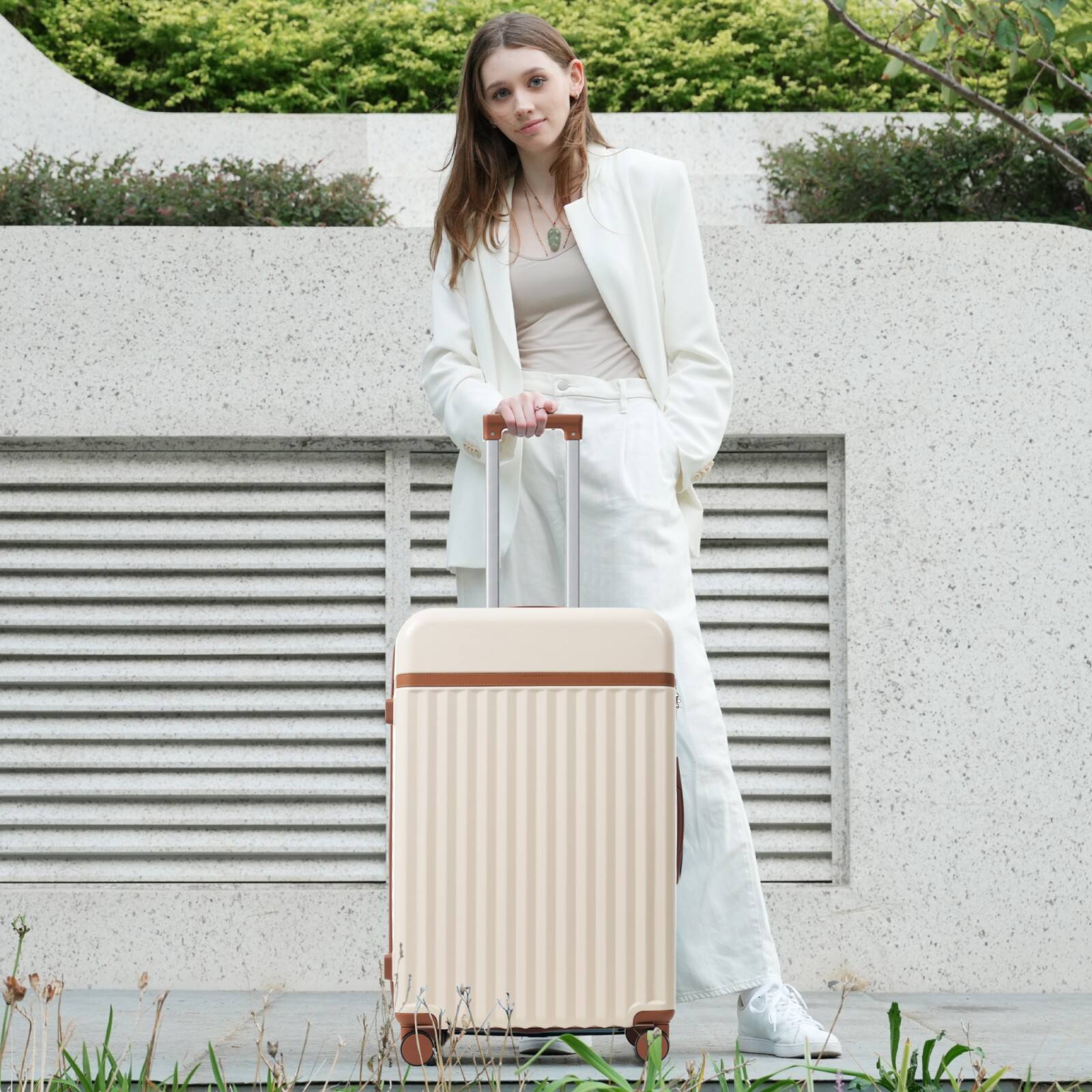 Alt View 1. Ecooso - Luggage Set 5 Piece, Hardside Carry on Suitcase , Expandable Luggage with Travel Bags Spinner Wheels TSA Lock - Brown+White.