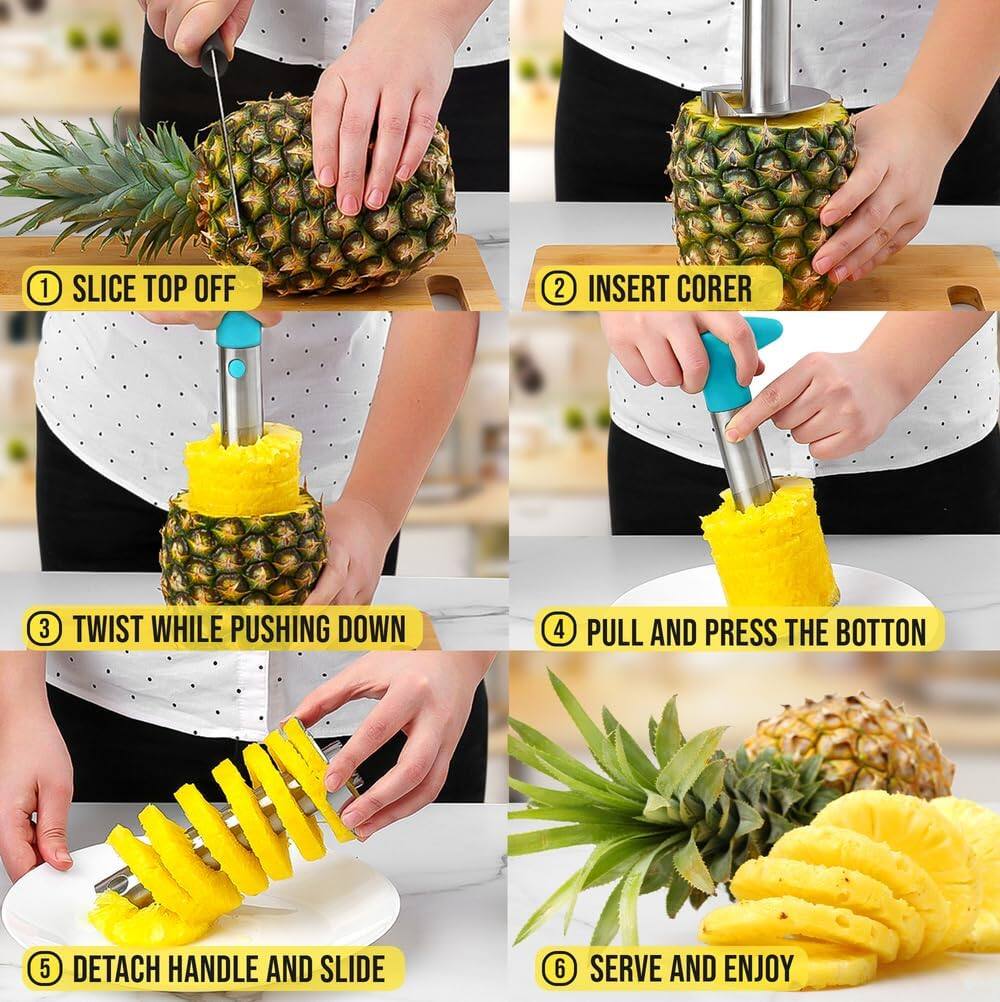 1. Slice top off
2. Insert corer
3. Twist while pushing down
4. Pull and press the button
5. Detach handle and slide
6. Serve and enjoy