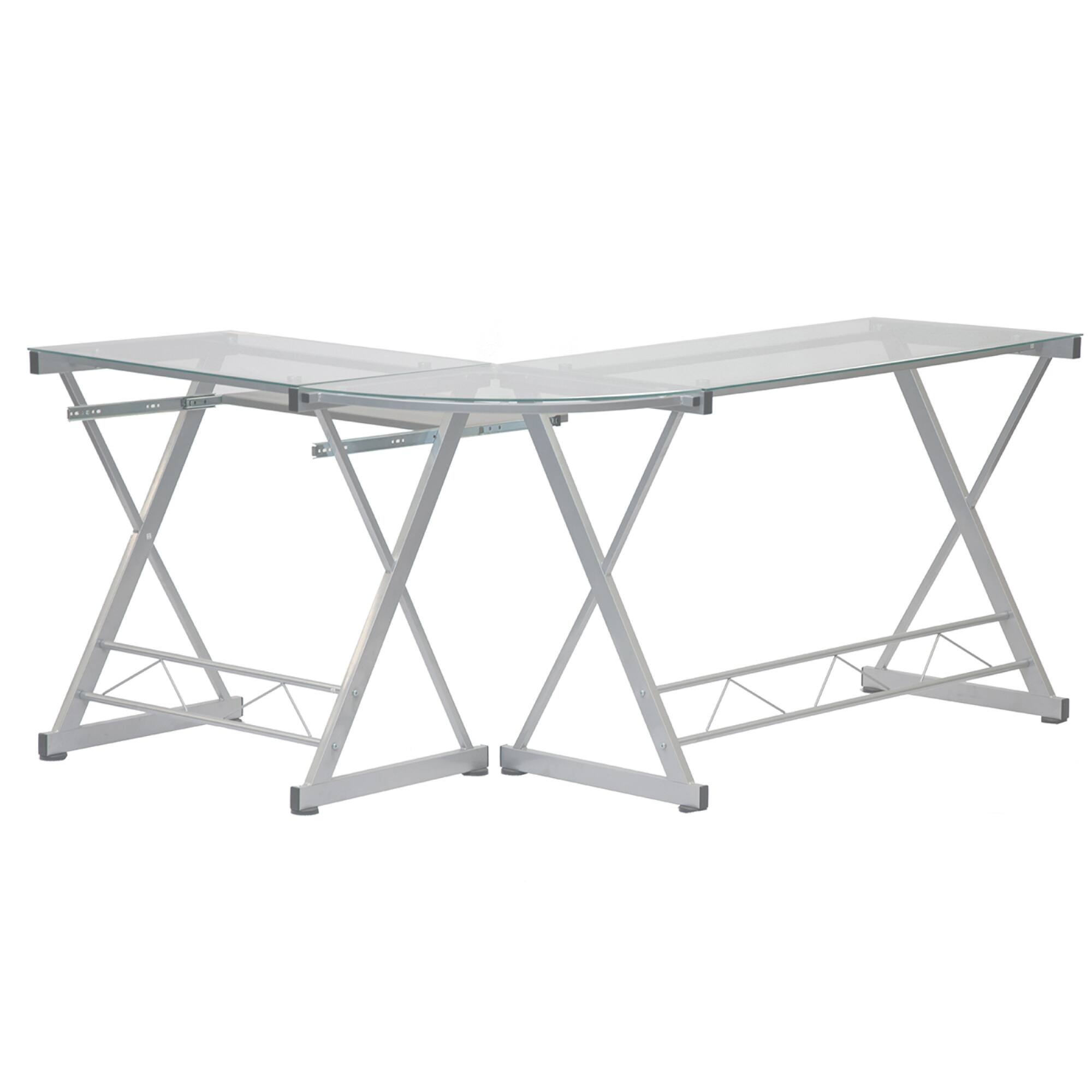 Alt View 2. GOODSILO - L-Shaped Tempered Glass Computer Desk with Pull-Out Keyboard Panel and Reversible Design - White.