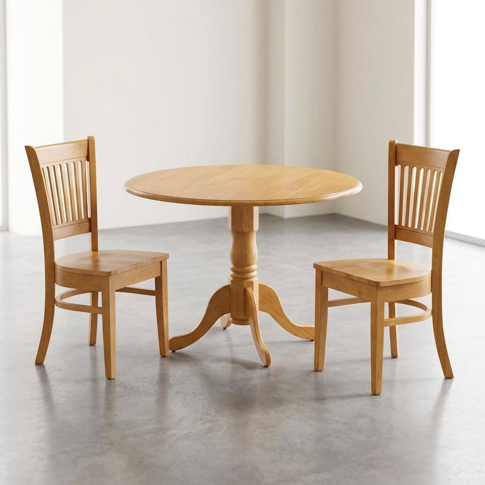 Alt View 2. FurniFact - Solid Wood Round Drop-Leaf Kitchen Nook 3-Piece - Oak.