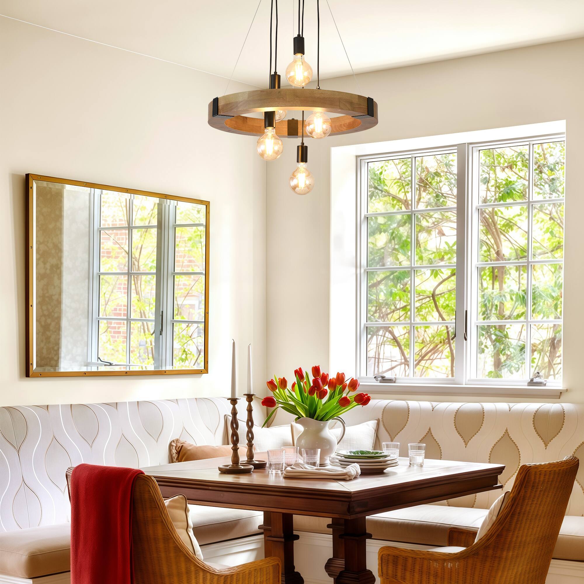 Alt View 1. RYHNUYNE - 5-Light Farmhouse Wooden Chandelier 23.62in Circular Pendant with Adjustable Height Rustic Natural Wood Ceiling Light.