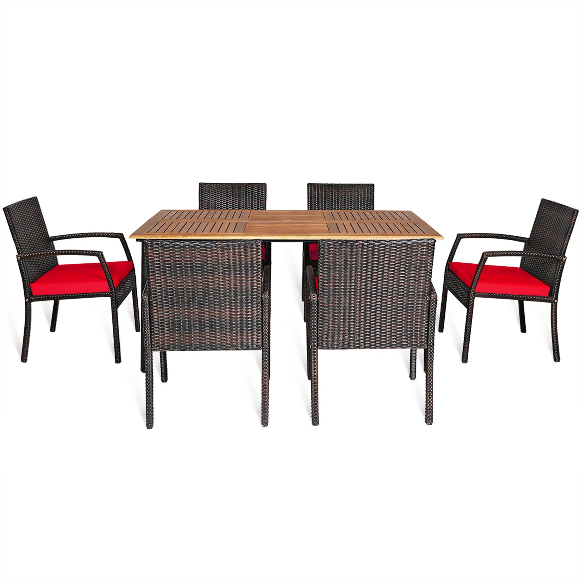 Alt View 5. Gymax - Gymax 7PCS Patio Dining Furniture Set Yard w/ Wooden Tabletop Red Cushions - Red.