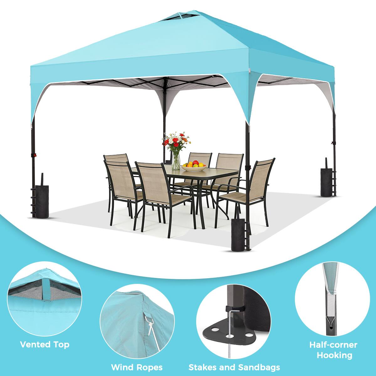 Vented Top  
Wind Ropes  
Stakes and Sandbags  
Half-corner Hooking