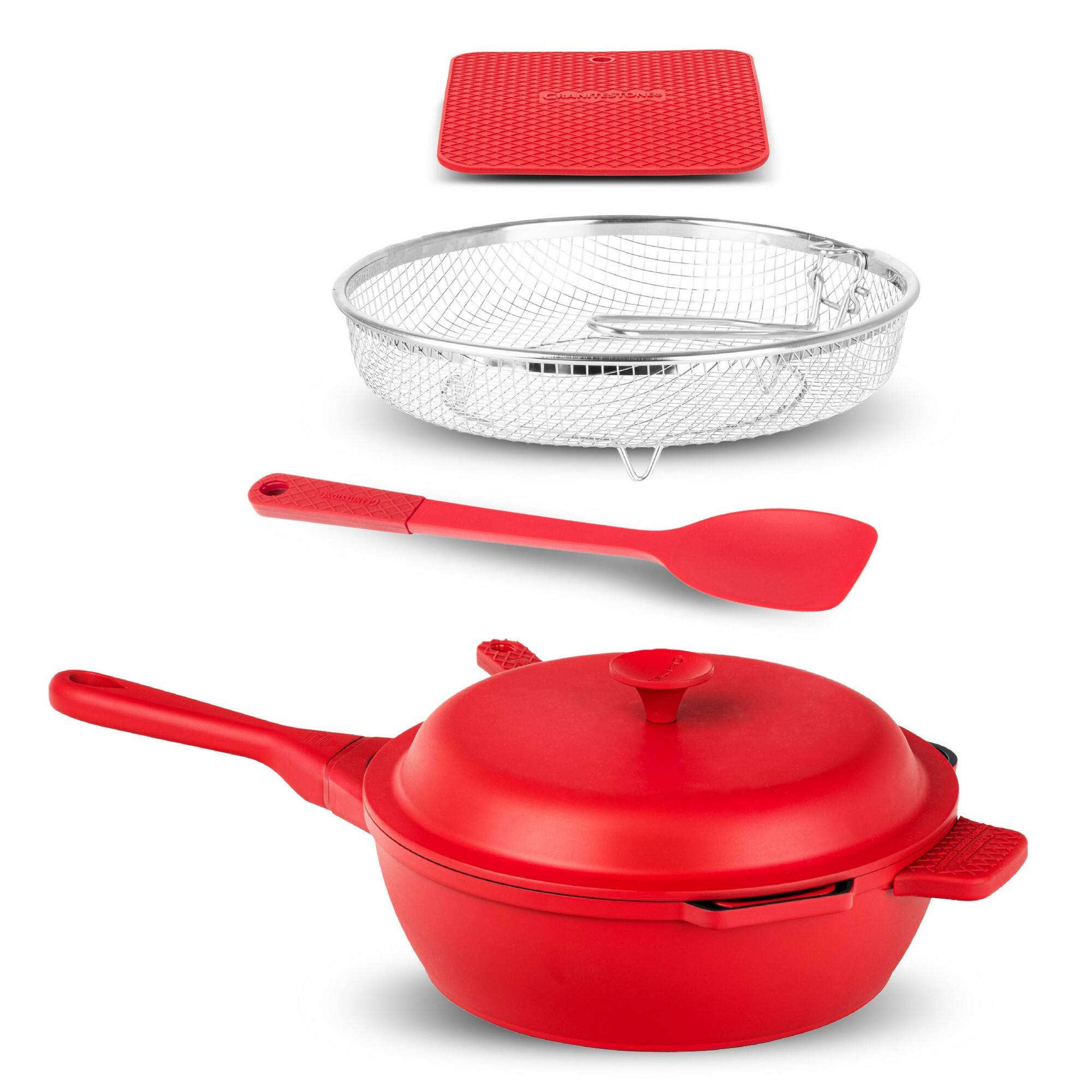 Alt View 1. Granitestone - Granitestone Zuka Everyday Pan 10" Red Nonstick Multi-Functional Saute Pan with Lid, Nylon Spoon and Steamer Basket - Red.