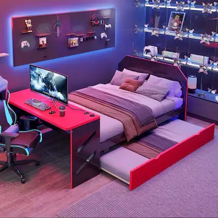 Front. Anysun - Full Size Wood Daybed with Twin Size Trundle,Desk and USB - Red.