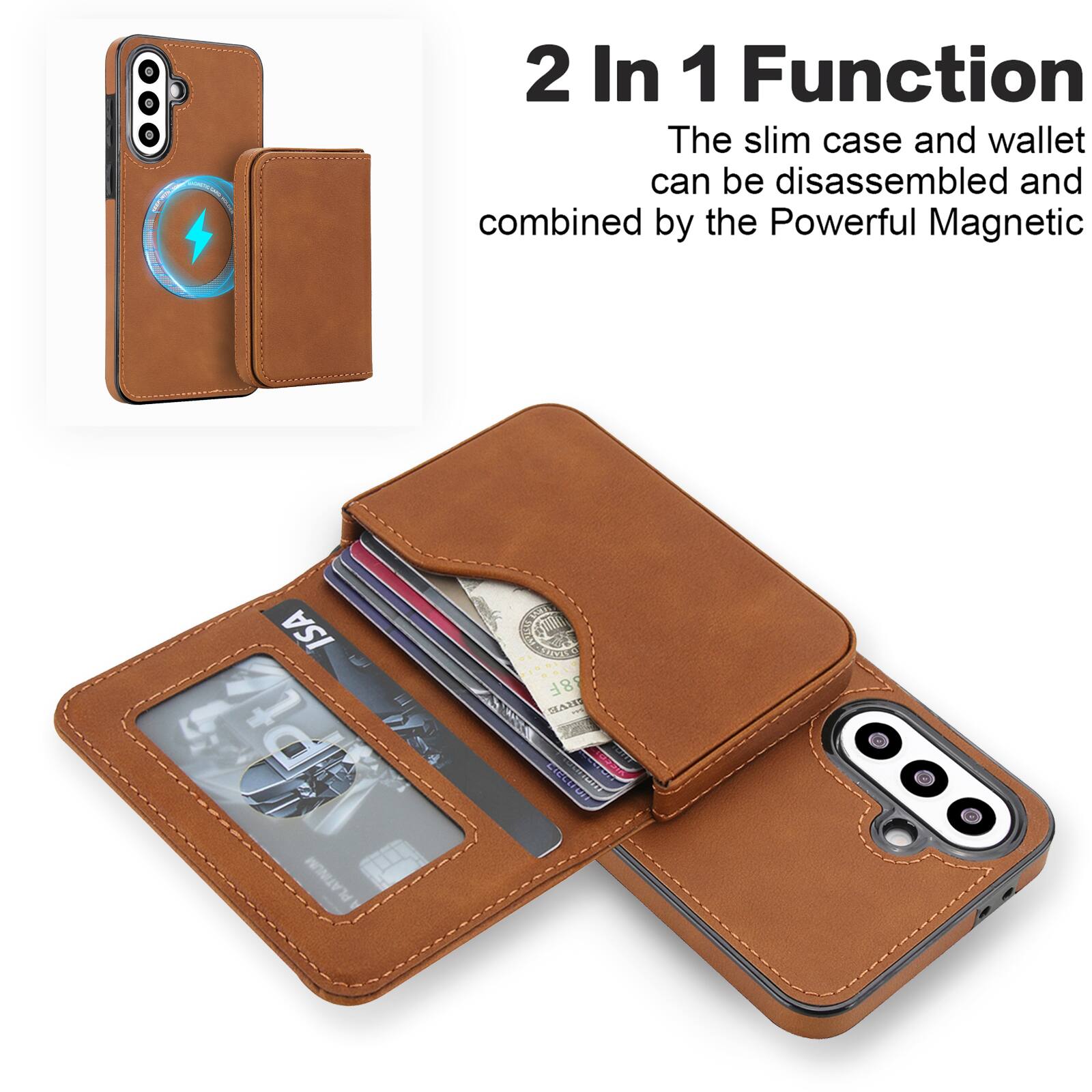 2 In 1 Function  
The slim case and wallet can be disassembled and combined by the Powerful Magnetic