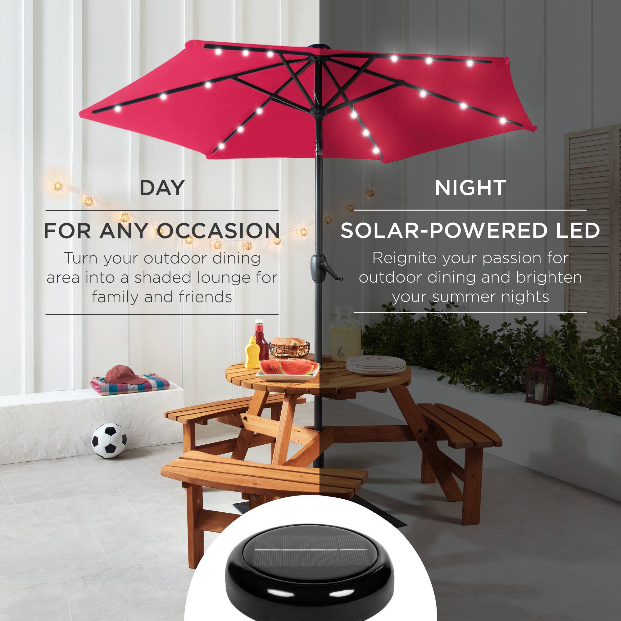 DAY NIGHT FOR ANY OCCASION SOLAR-POWERED LED

Turn your outdoor dining area into a shaded lounge for family and friends.

Reignite your passion for outdoor dining and brighten your summer nights.
