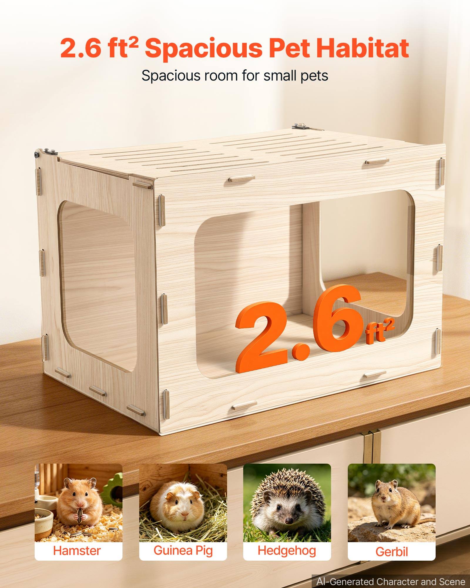2.6 ft² Spacious Pet Habitat  
Spacious room for small pets  

2.6 ft²  

Hamster  
Guinea Pig  
Hedgehog  
Gerbil  

AI-Generated Character and Scene