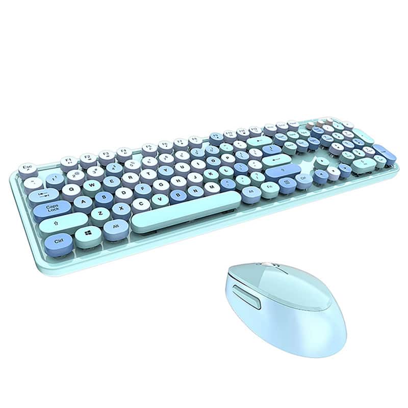 Luckbyte - Retro Full-Size Wireless Keyboard & Mouse Combo - Typewriter Style with Circular Suspension Keys, Pure Color - Blue
