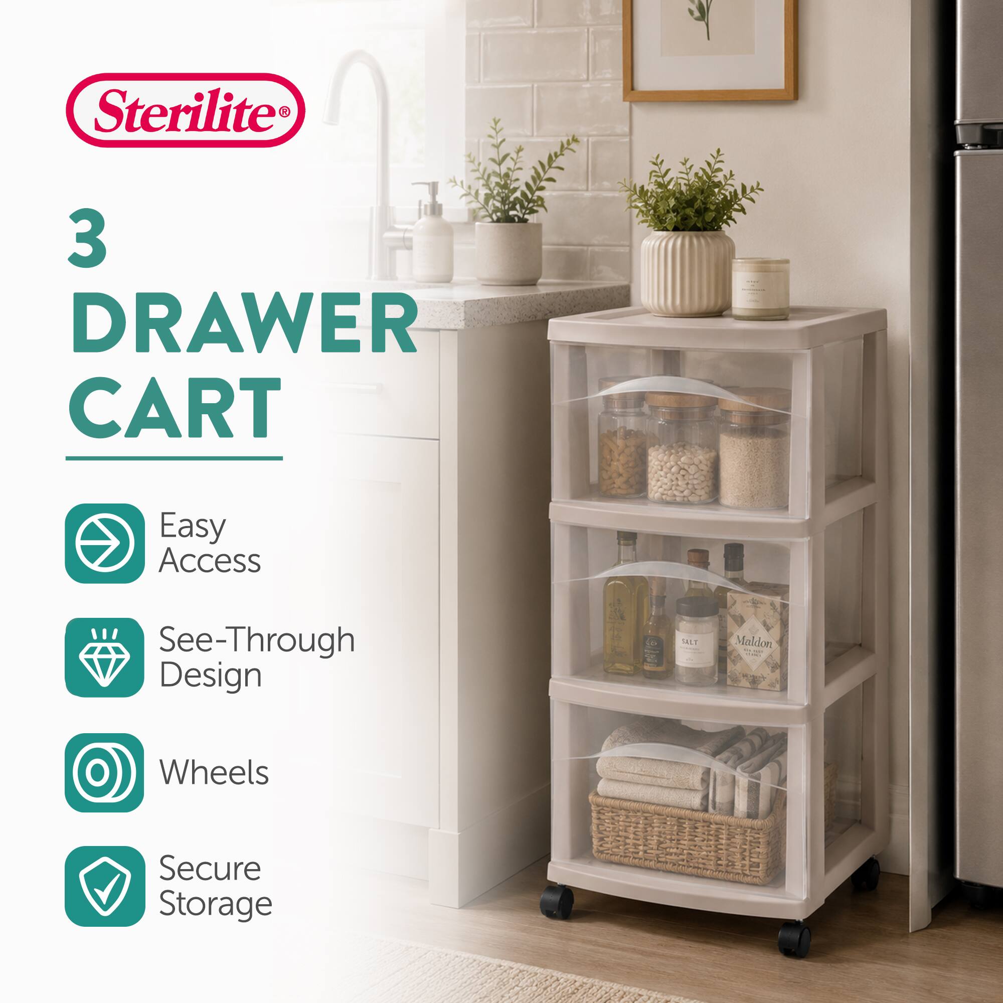 Sterilite  
3 DRAWER CART  
Easy Access  
See-Through Design  
Wheels  
Secure Storage
