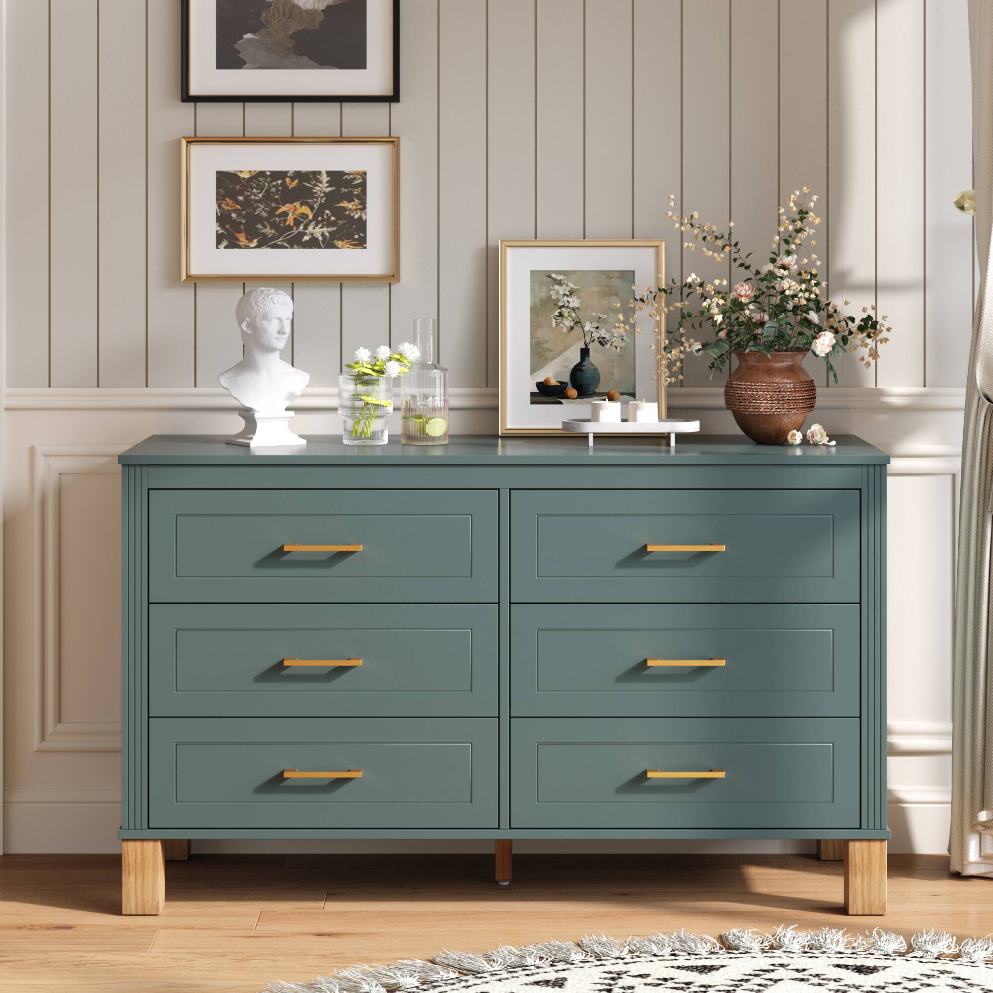 Front. Loheer - Loheer 6-Drawer Double Dresser in Blue Modern Solid Wood Kids Bedroom Cabinet - Blue.