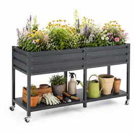 RYHNUYNE - 2-Tier Elevated Metal Wicking Garden Bed with Lockable Wheels & Storage Shelf, Dark Gray Self-Watering Planter - Grey
