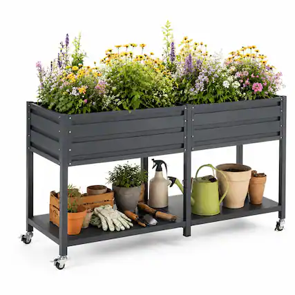 Front. RYHNUYNE - 2-Tier Elevated Metal Wicking Garden Bed with Lockable Wheels & Storage Shelf, Dark Gray Self-Watering Planter - Grey.