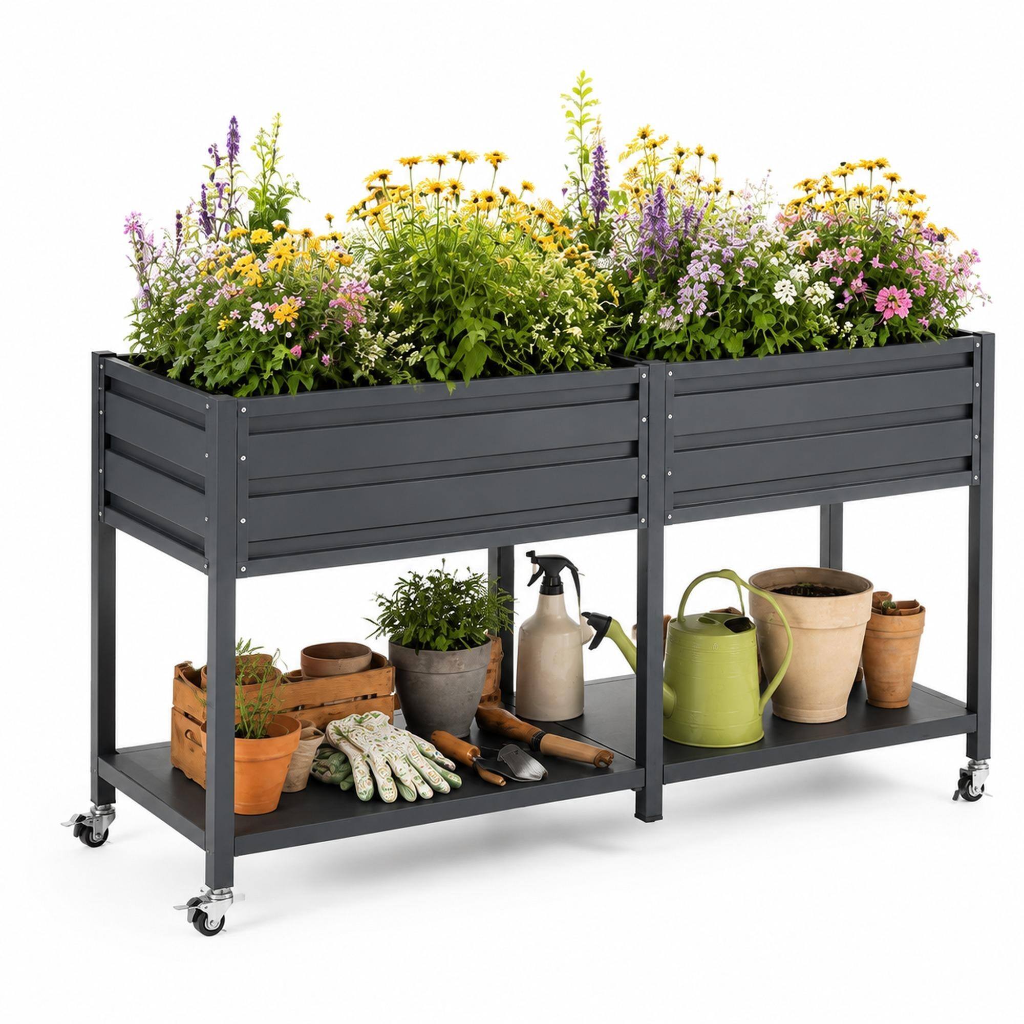 Front. RYHNUYNE - 2-Tier Elevated Metal Wicking Garden Bed with Lockable Wheels & Storage Shelf, Dark Gray Self-Watering Planter - Grey.