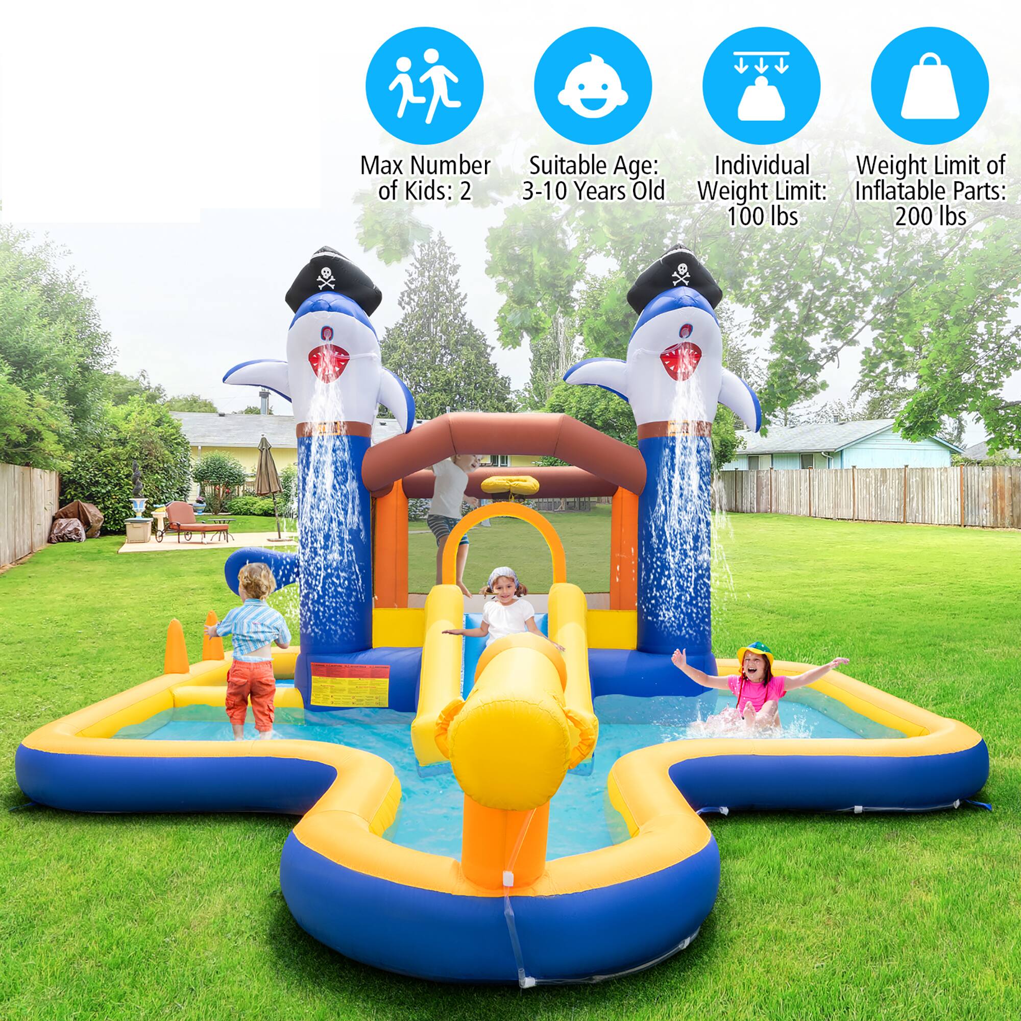 Max Number of Kids: 2  
Suitable Age: 3-10 Years Old  
Individual Weight Limit: 100 lbs  
Weight Limit of Inflatable Parts: 200 lbs