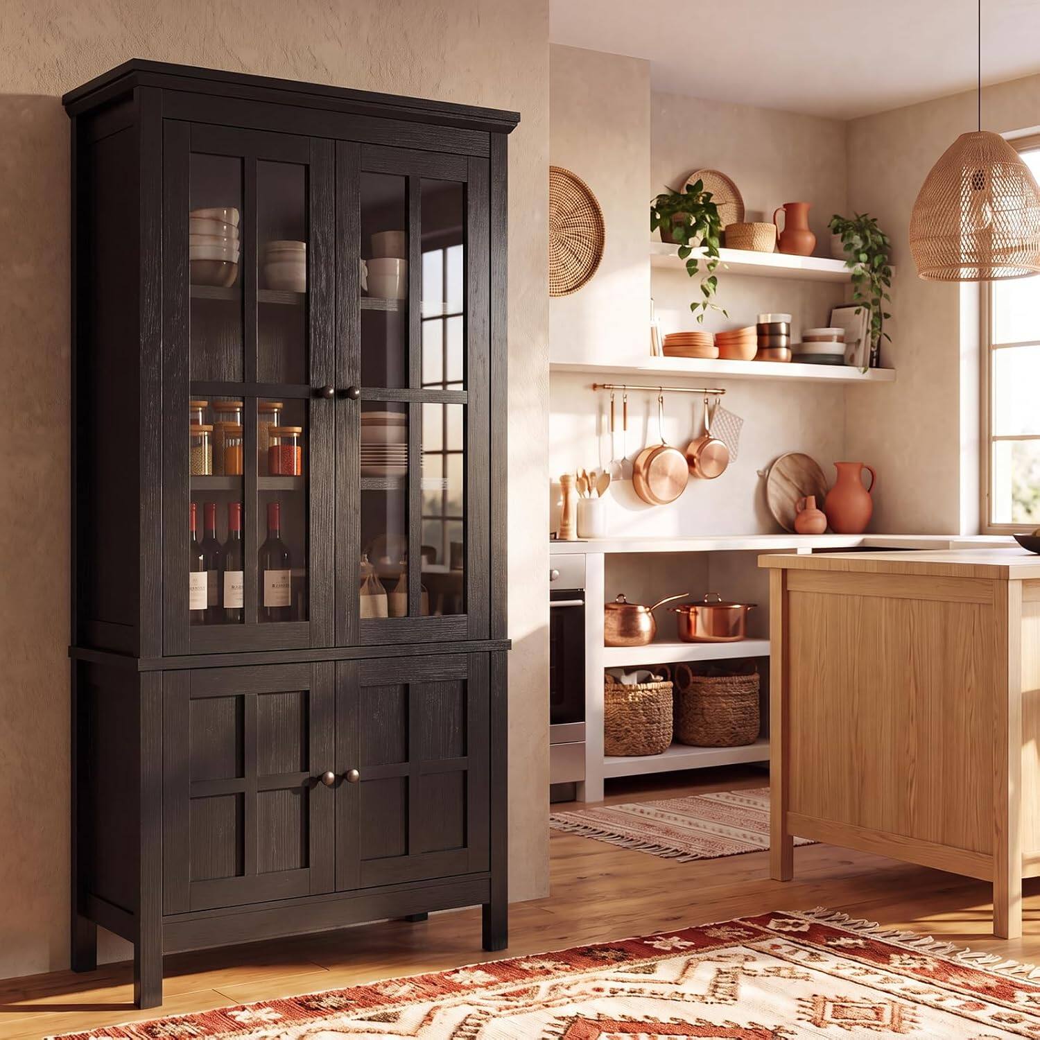 Alt View 1. Aheaplus - 63'' Tall Farmhouse 4-Door Pantry Cabinet with Adjustable Shelve and Glass Doors - Black.