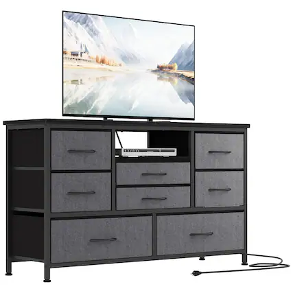 Front. GARVEE - TV Stand for Bedroom, Rustic LED Dresser with 8 Drawer and Power Outlet for 55'' TV, Wood Top Console Table, Open Shelf - Grey.
