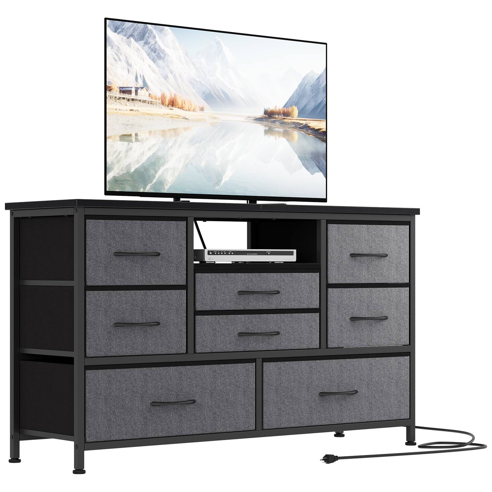 Front. GARVEE - TV Stand for Bedroom, Rustic LED Dresser with 8 Drawer and Power Outlet for 55'' TV, Wood Top Console Table, Open Shelf - Grey.