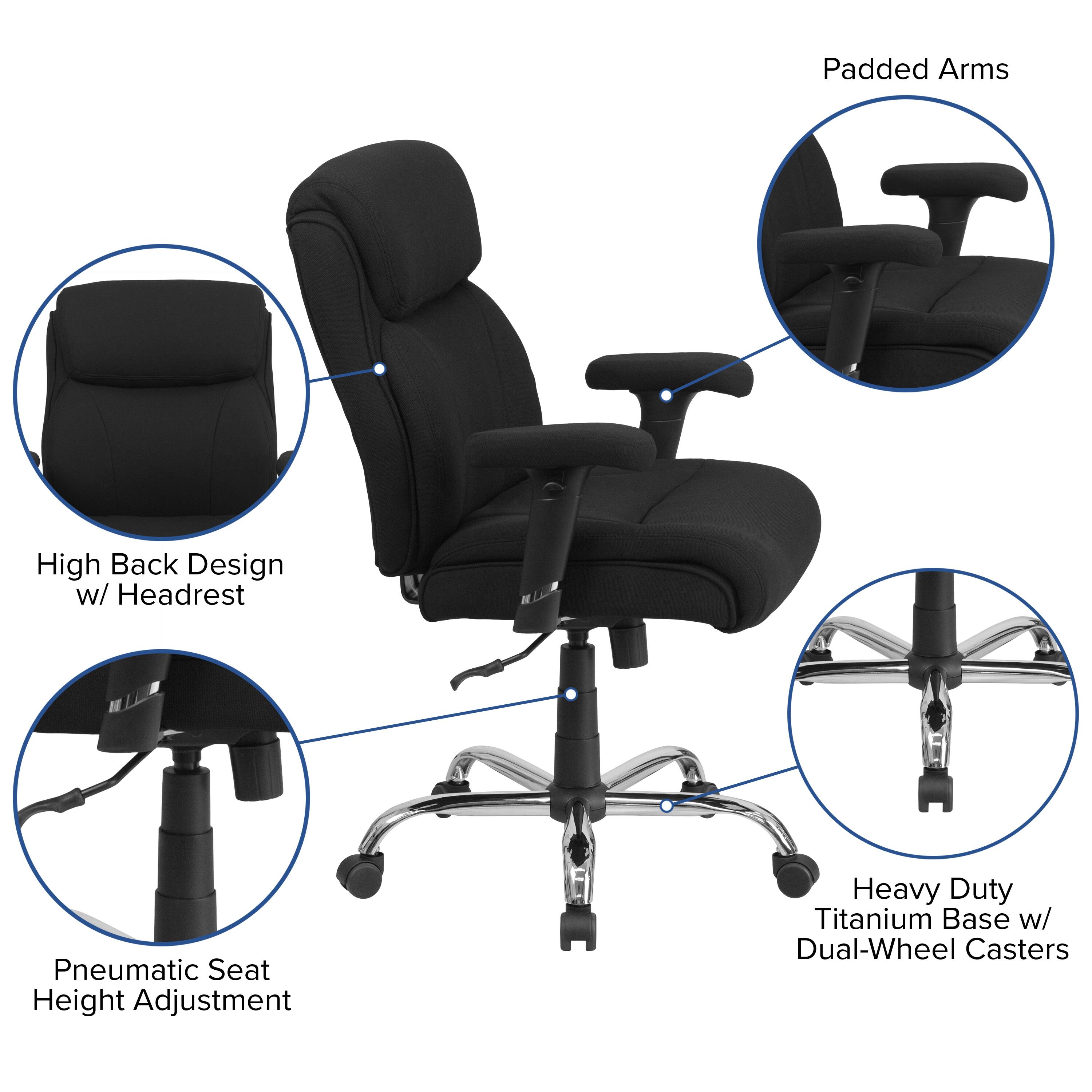 Padded Arms  
High Back Design w/ Headrest  
Pneumatic Seat Height Adjustment  
Heavy Duty Titanium Base w/ Dual-Wheel Casters