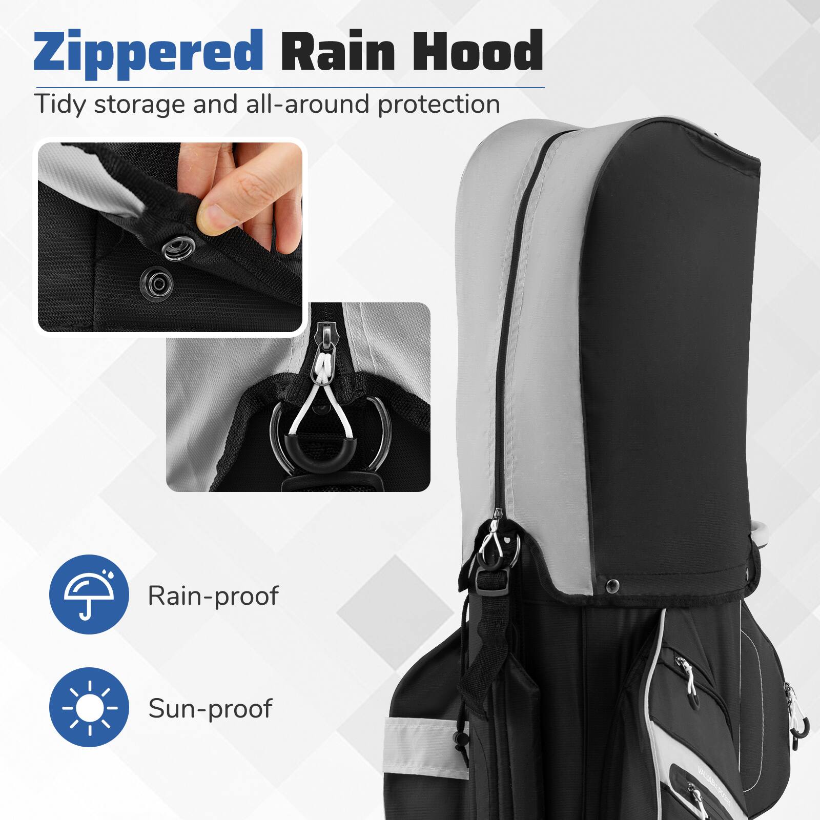 Zippered Rain Hood  
Tidy storage and all-around protection  

Rain-proof  
Sun-proof