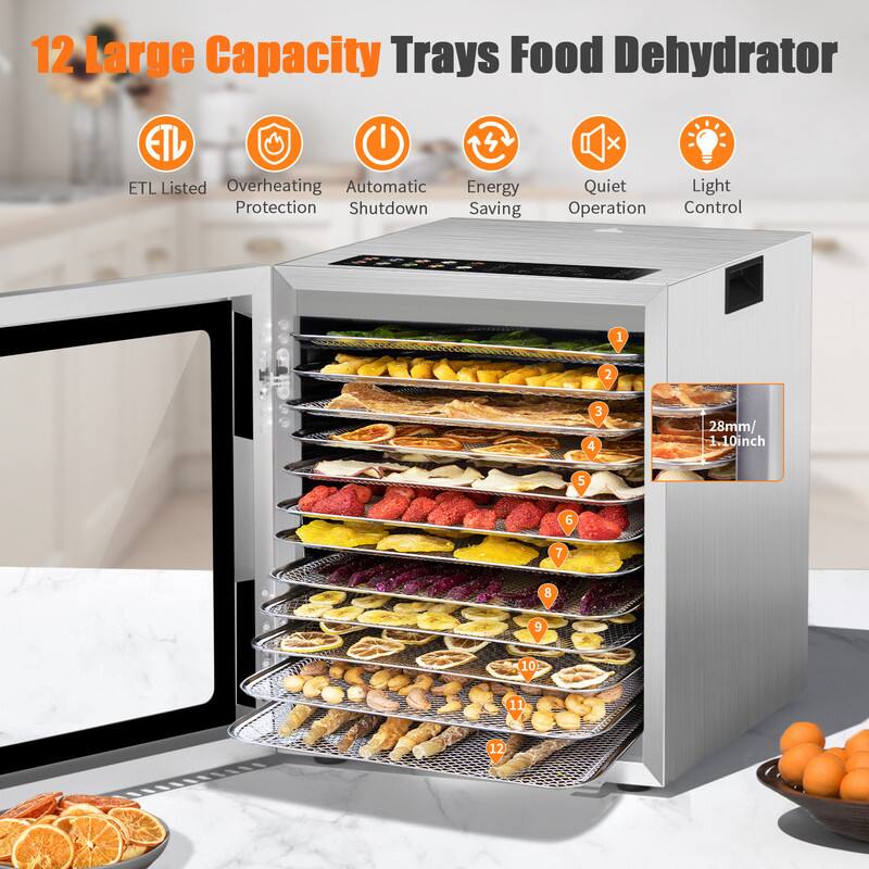 12 Large Capacity Trays Food Dehydrator

- ETL Listed
- Overheating Protection
- Automatic Shutdown
- Energy Saving
- Quiet Operation
- Light Control

28mm / 1.10inch