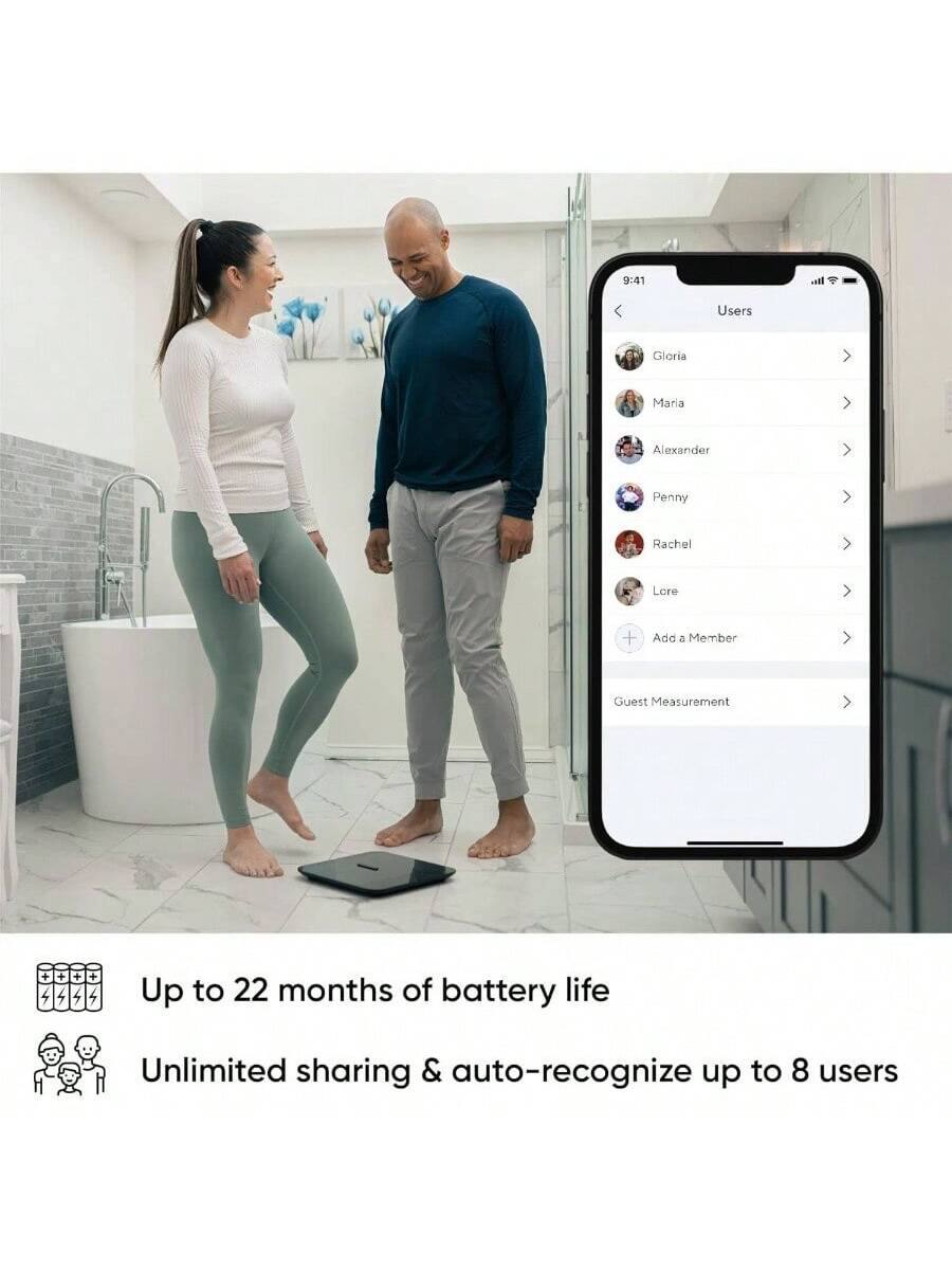 9:41  
All Users  
Gloria Maria Alexander Penny Rachel Lere + Add 2 Member Guest Measurement  

Up to 22 months of battery life  
Unlimited sharing & auto-recognize up to 8 users