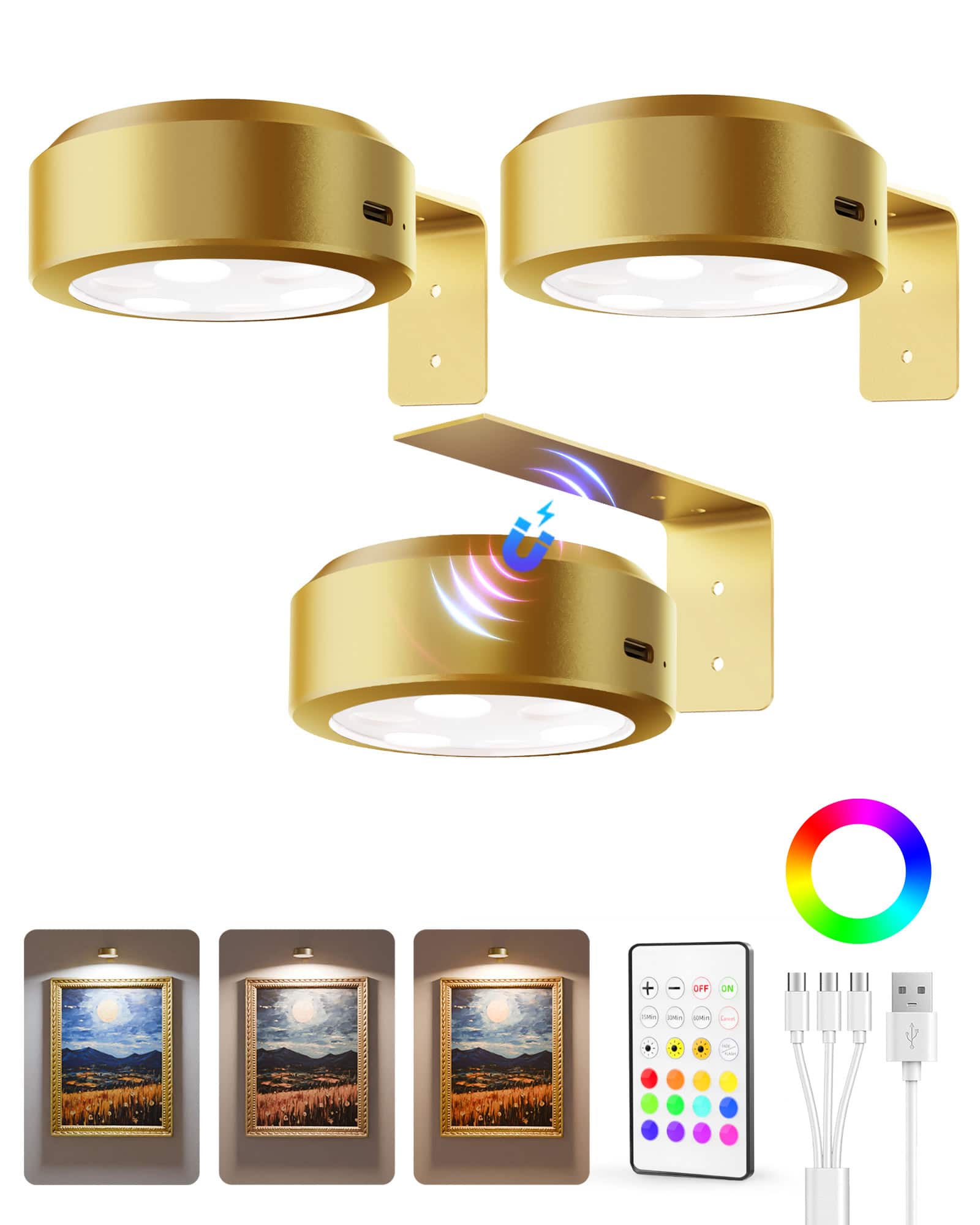 Front. EZVALO - 3 Pack Gold LED Picture Light Wireless Smart Recessed Lighting Wall Decor Light Painting Light with 3 Color Temps - Gold.