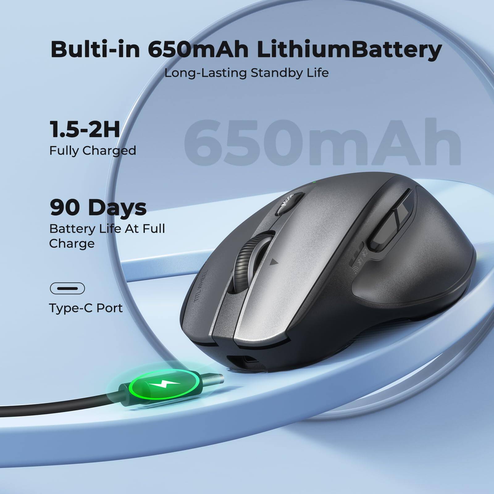 Bulti-in 650mAh Lithium Battery  
Long-Lasting Standby Life  

1.5-2H Fully Charged  
90 Days Battery Life At Full Charge  

Type-C Port
