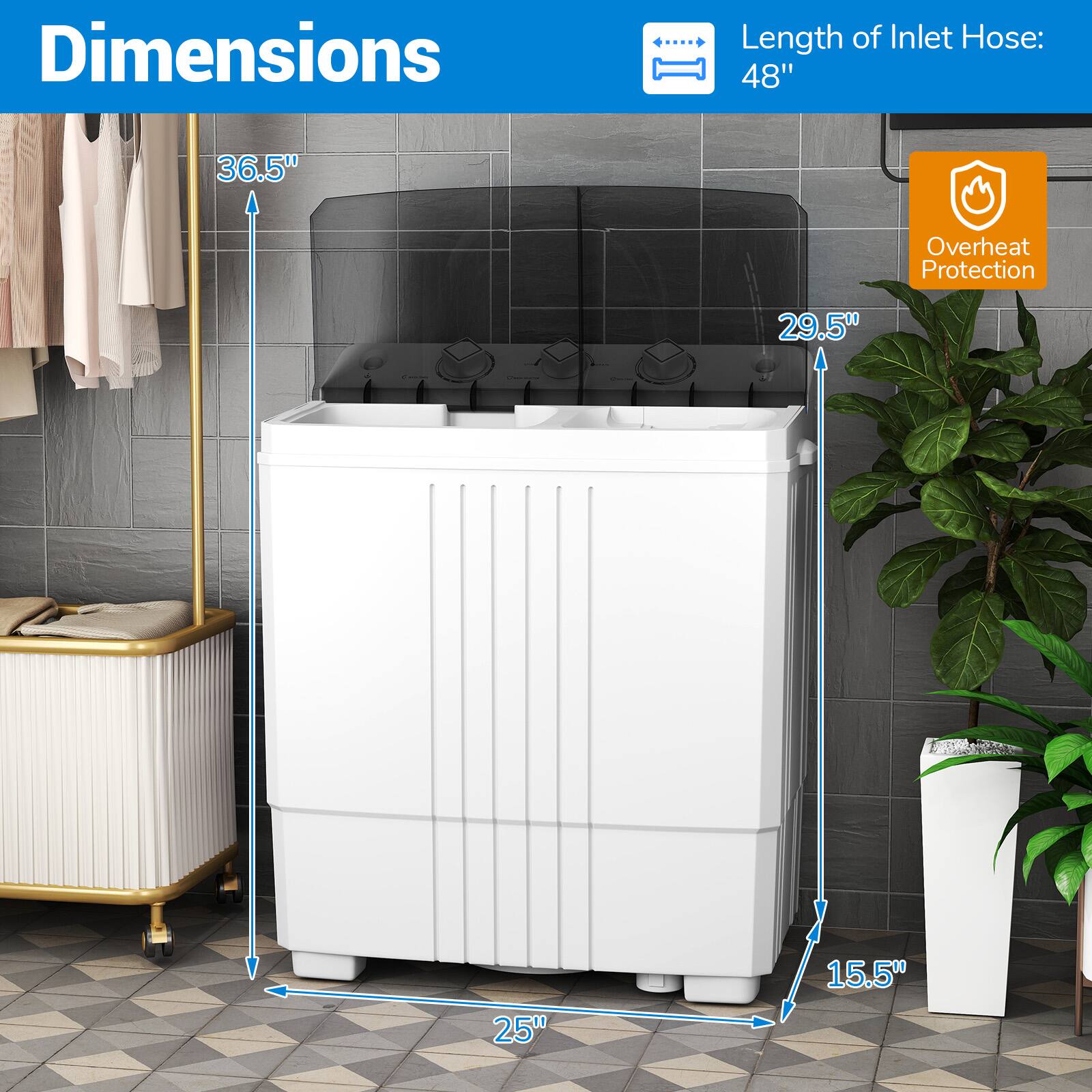 Dimensions  
Length of Inlet Hose: 48"  
Overheat Protection  
36.5"  
29.5"  
25"  
15.5"