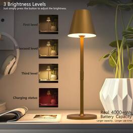 Luckbyte - 4-Piece Rechargeable LED Desk Lamps, 5000mAh Battery, 3-Level Dimmable, Metal Bronze Table Lamps for Home Dining - Gold