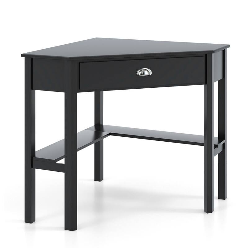 Left. WELLFOR - Corner Computer Desk with Drawer, Space-Saving Triangle Home Office Desk Study Workstation - Black.