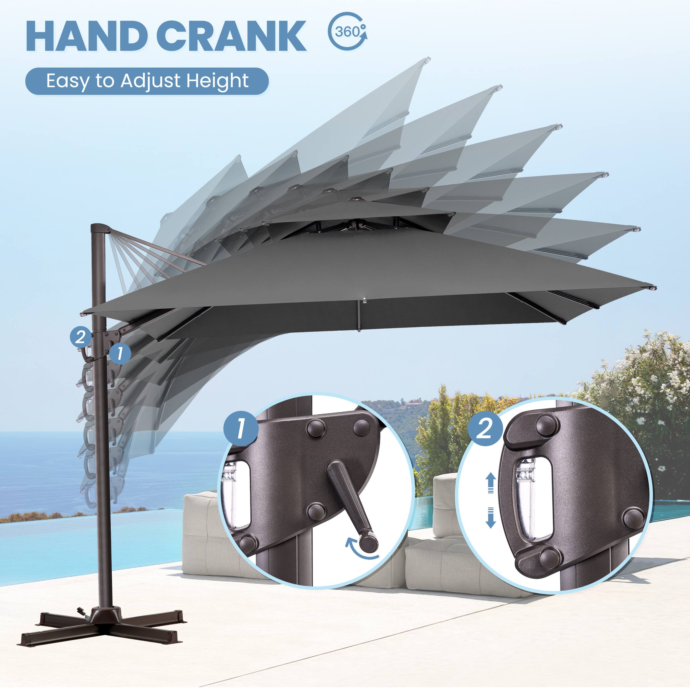 HAND CRANK  
Easy to Adjust Height  
360°