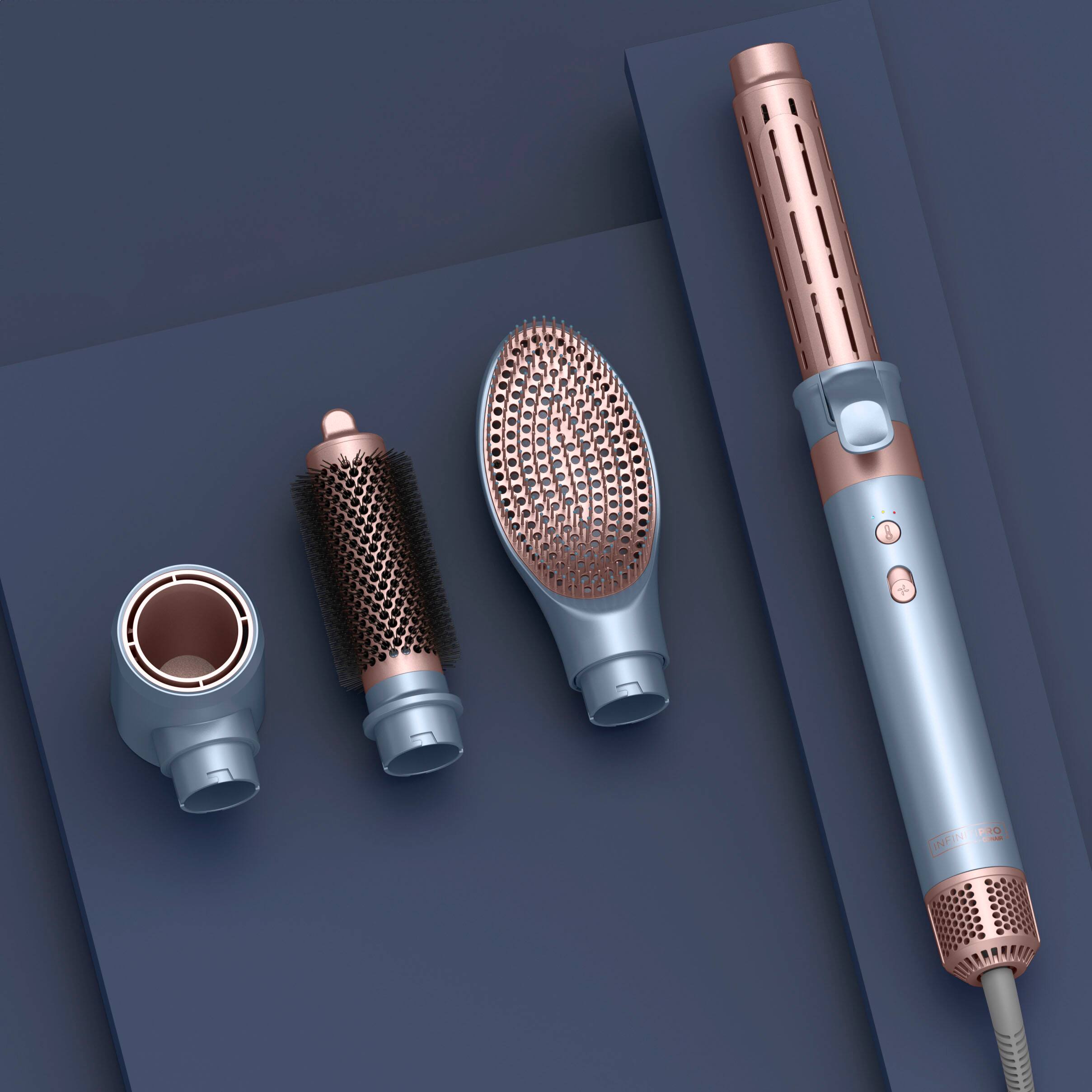 PIO INSE - A hair dryer, a brush, and a hair trimmer.