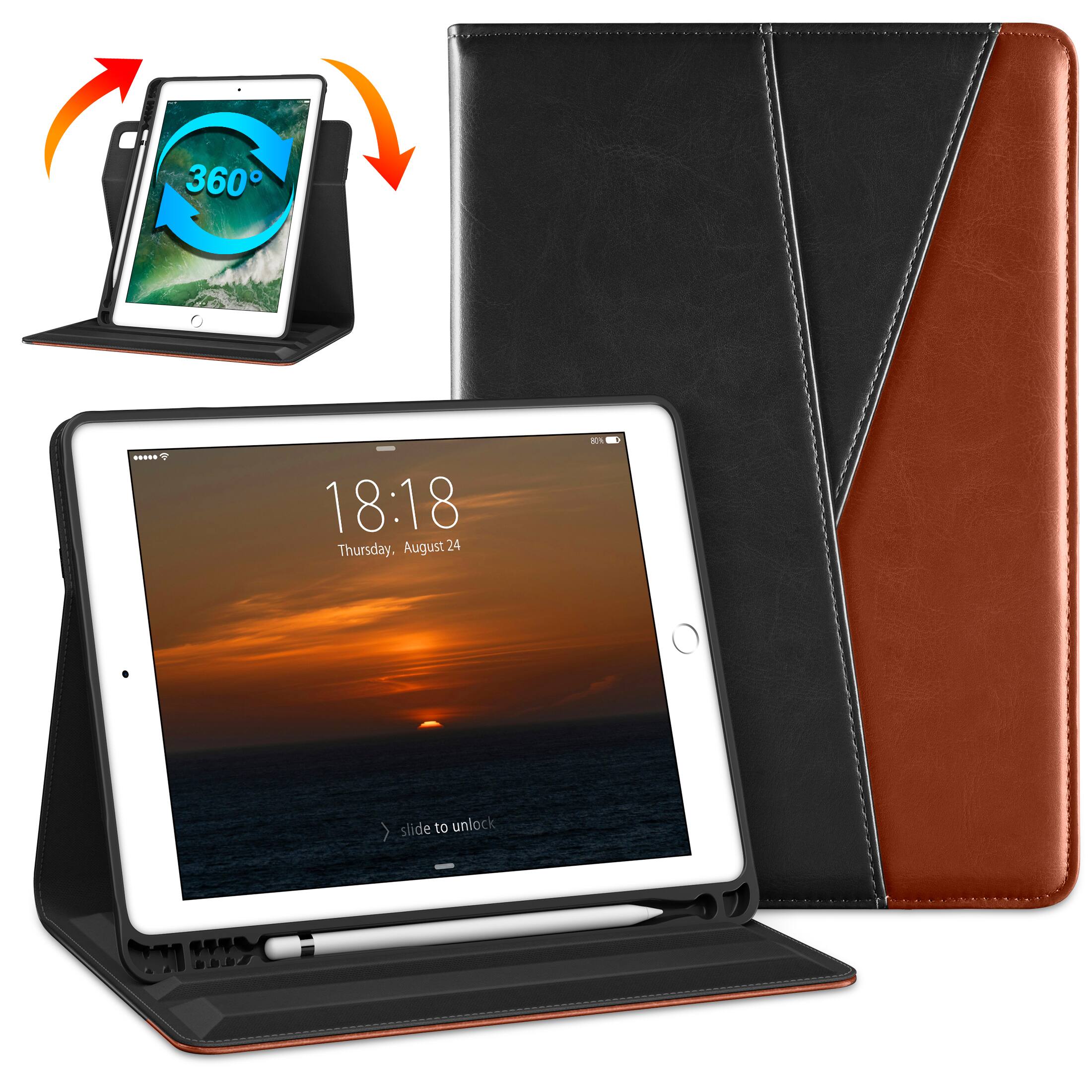 DTTO - Case for iPad 6/5 & Air 2/1 9.7" - 360° Rotating Leather Folio Stand with Pencil Holder & Auto Wake/Sleep - Black Brown