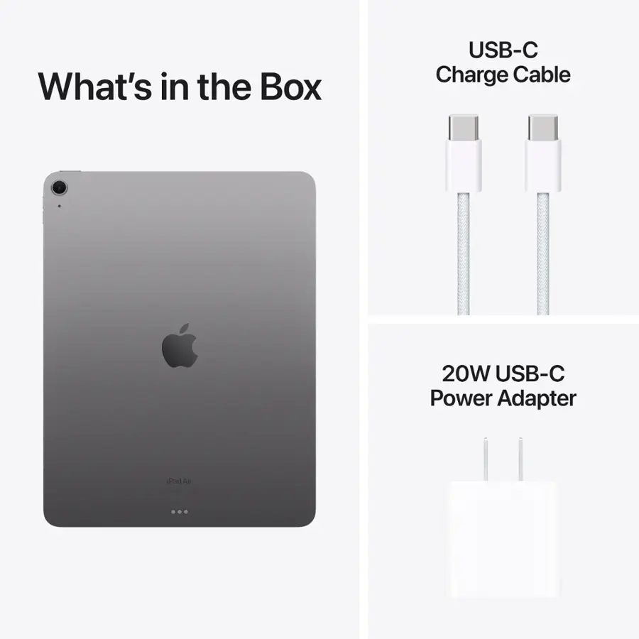 What's in the Box: USB-C Charge Cable, 20W USB-C Power Adapter, iPad Air.