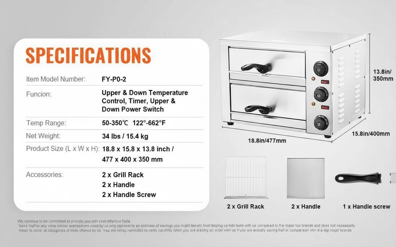 **SPECIFICATIONS**

- **Item Model Number:** FY-P0-2
- **Function:** Upper & Down Temperature Control, Timer, Upper & Down Power Switch
- **Temp Range:** 50-350°C / 122-662°F
- **Net Weight:** 34 lbs / 15.4 kg
- **Product Size (L x W x H):** 18.8 x 15.8 x 13.8 inch / 477 x 400 x 350 mm
- **Accessories:** 2 x Grill Rack, 2 x Handle, 2 x Handle Screw

---

We continue to be committed to providing you with cost-effective tools. These are estimates of savings you might benefit from when buying certain tools with us compared to major top brands and do not necessarily mean that all categories of prices offered by us are saving half in comparison with the top product prices.

---

**Note:** The text "We contooue of ad commilted to prexido you with cset effoctfoca taols sese Hulf'or asy ctBr mltver Sepressiuee ueed by Us et