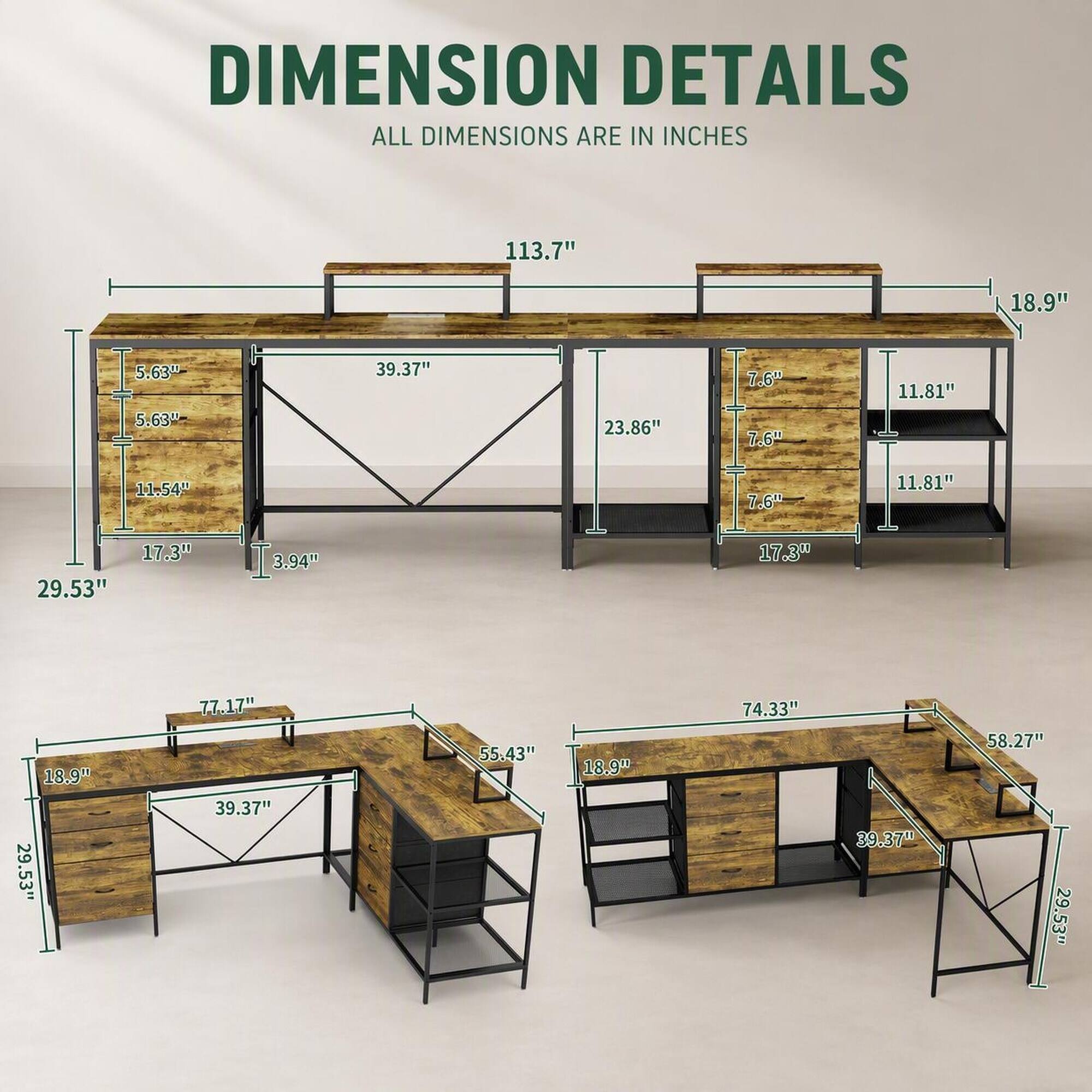 DIMENSION DETAILS  
ALL DIMENSIONS ARE IN INCHES

113.7"  
18.9"  
5.63"  
5.63"  
39.37"  
23.86"  
7.6"  
7.6"  
11.81"  
11.54"  
11.81"  
17.3"  
3.94"  
17.3"  
18.9"  
77.17"  
55.43"  
74.33"  
58.27"